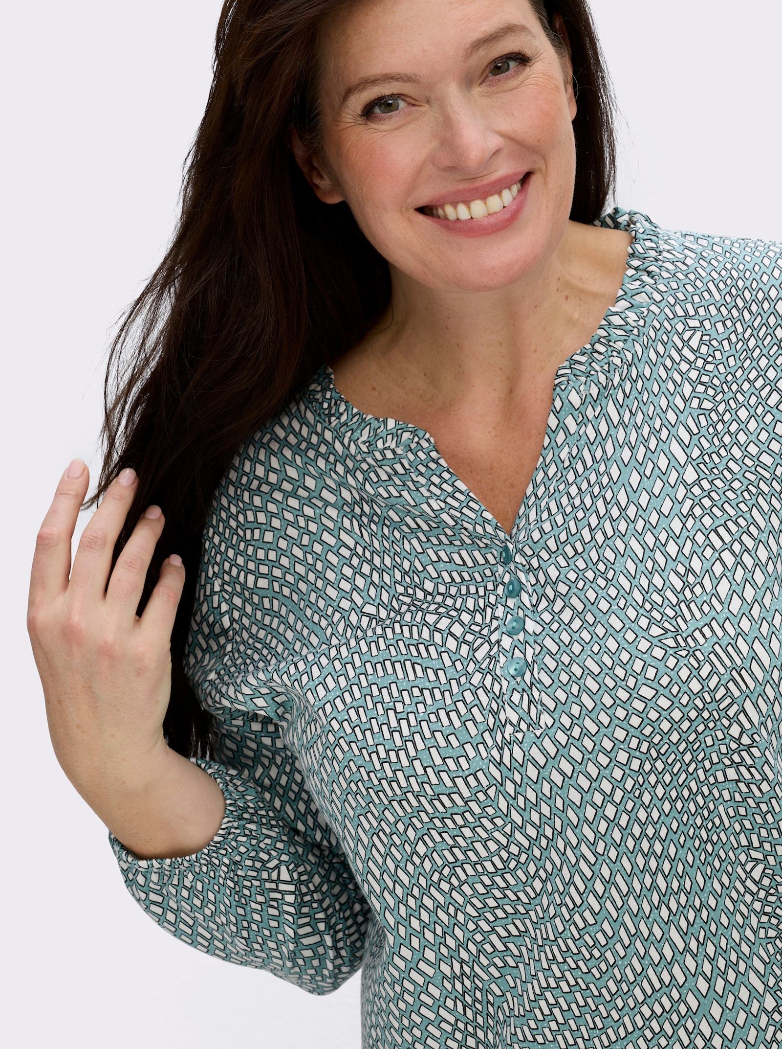 Langarmshirt im Material-Mix - ozean-ecru-bedruckt
