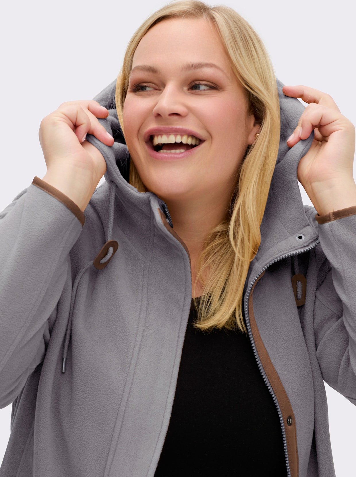 Kapuzenfleecejacke mit verdecktem Reißverschluss - steingrau-meliert