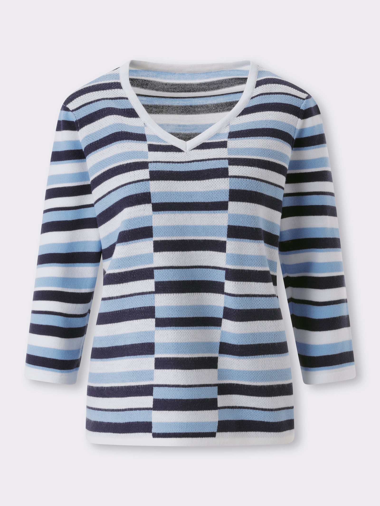 3/4 Arm-Pullover mit Streifen-Muster - marine-himmelblau-gemustert