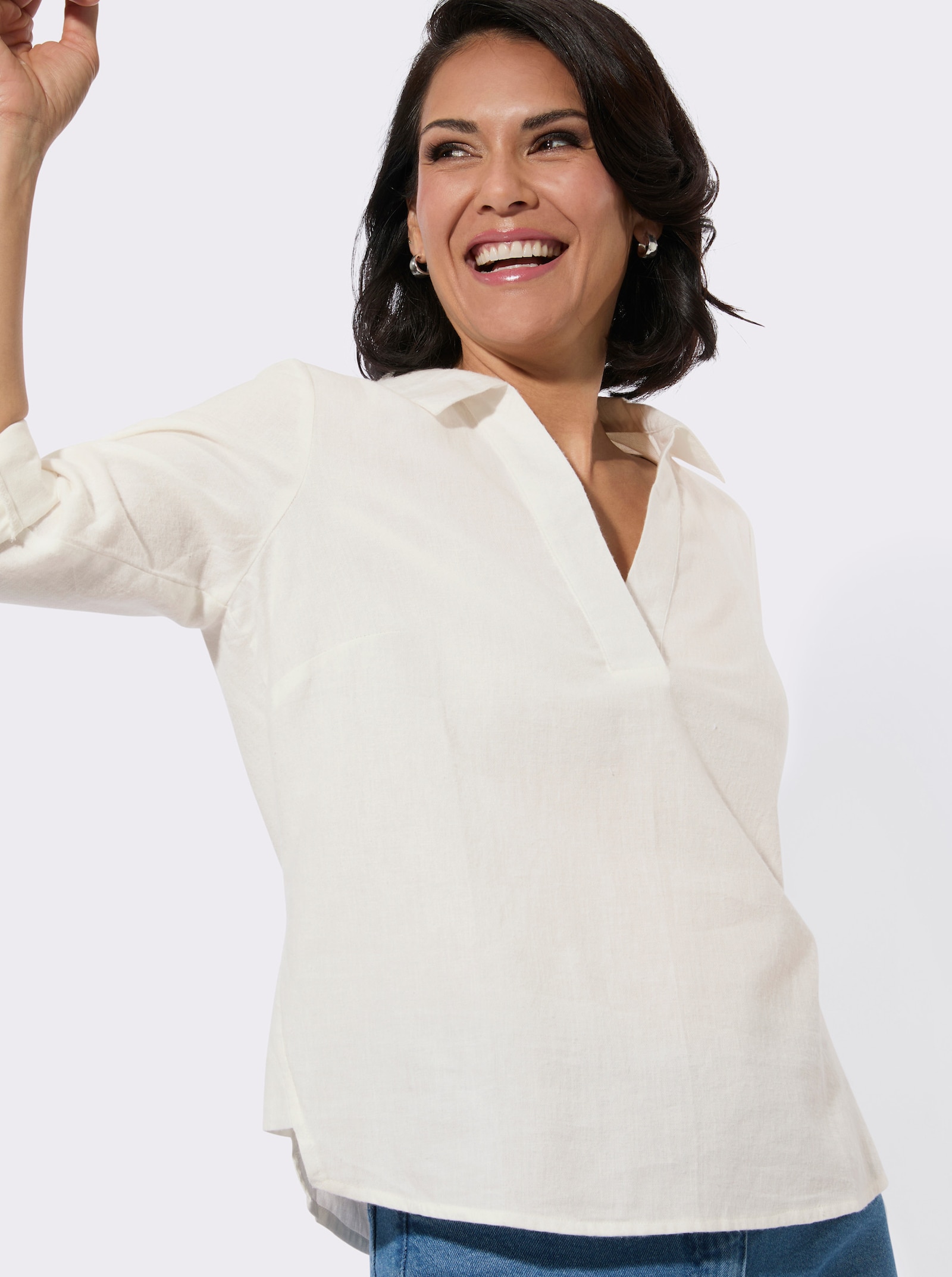 Flanellbluse mit krempelbaren Ärmeln - ecru