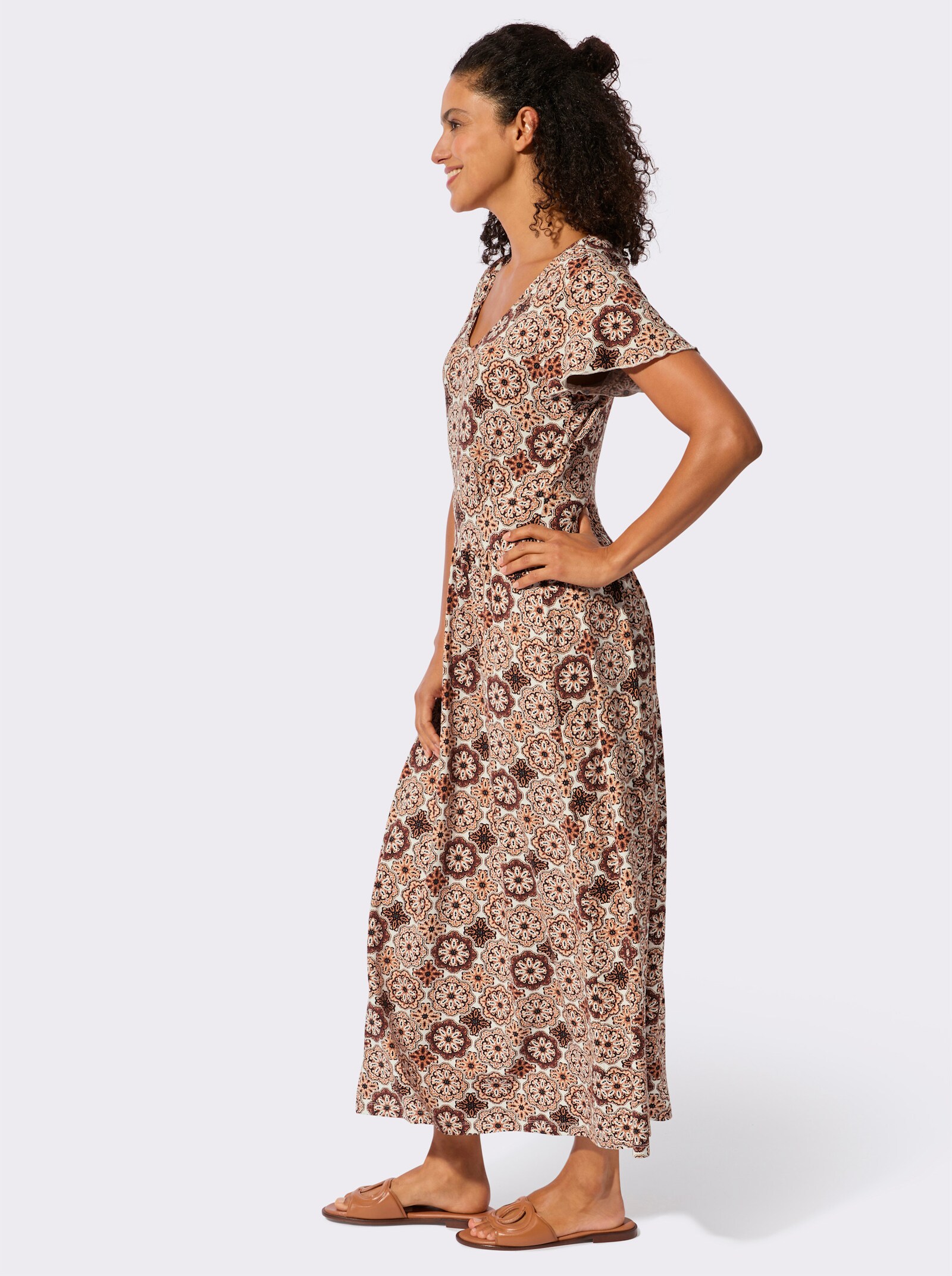 Jerseykleid mit Smokeinsatz im Rücken - papaya-ecru-bedruckt