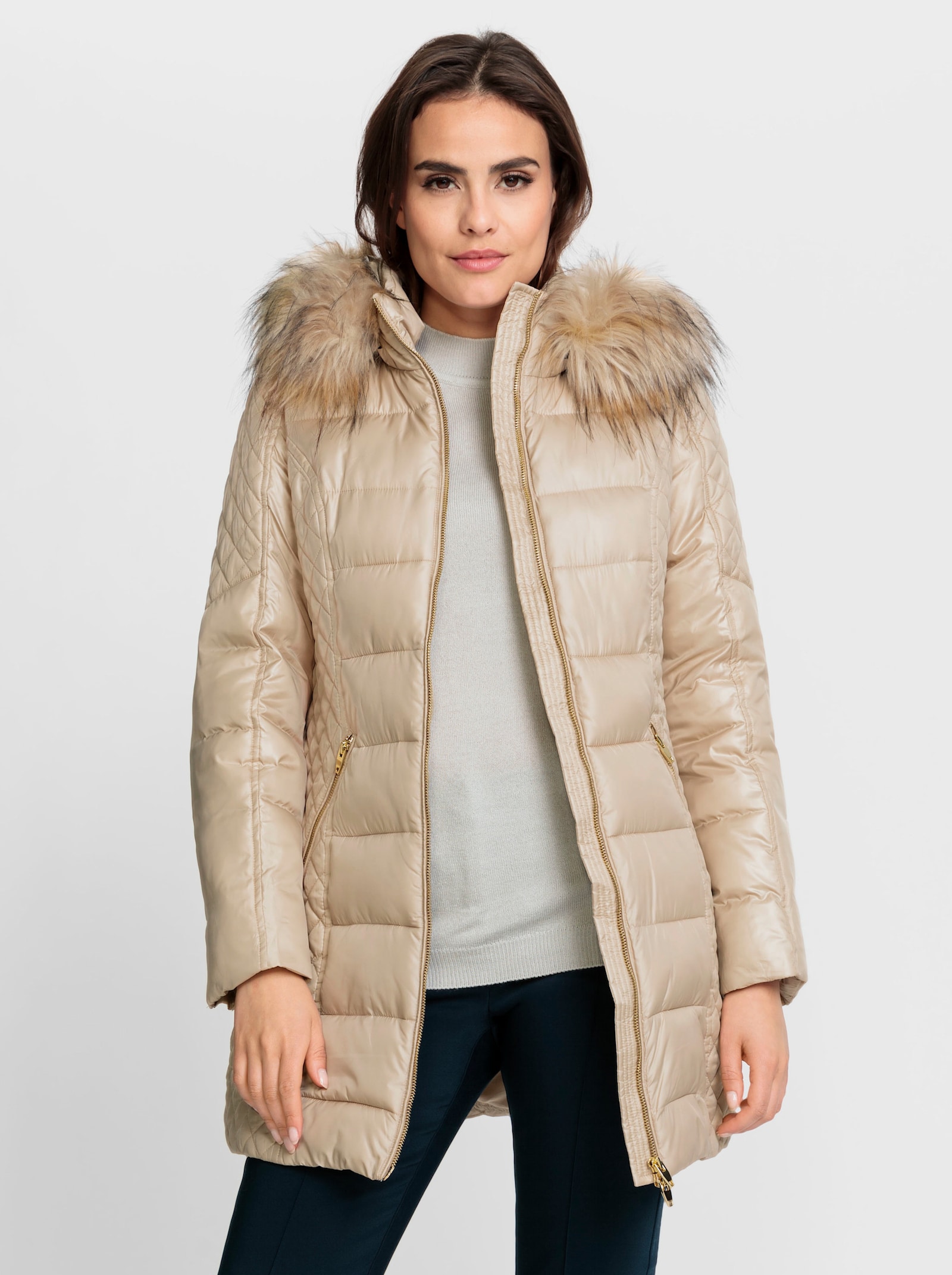 heine Winterjas met afneembare capuchon, doorgestikt - beige