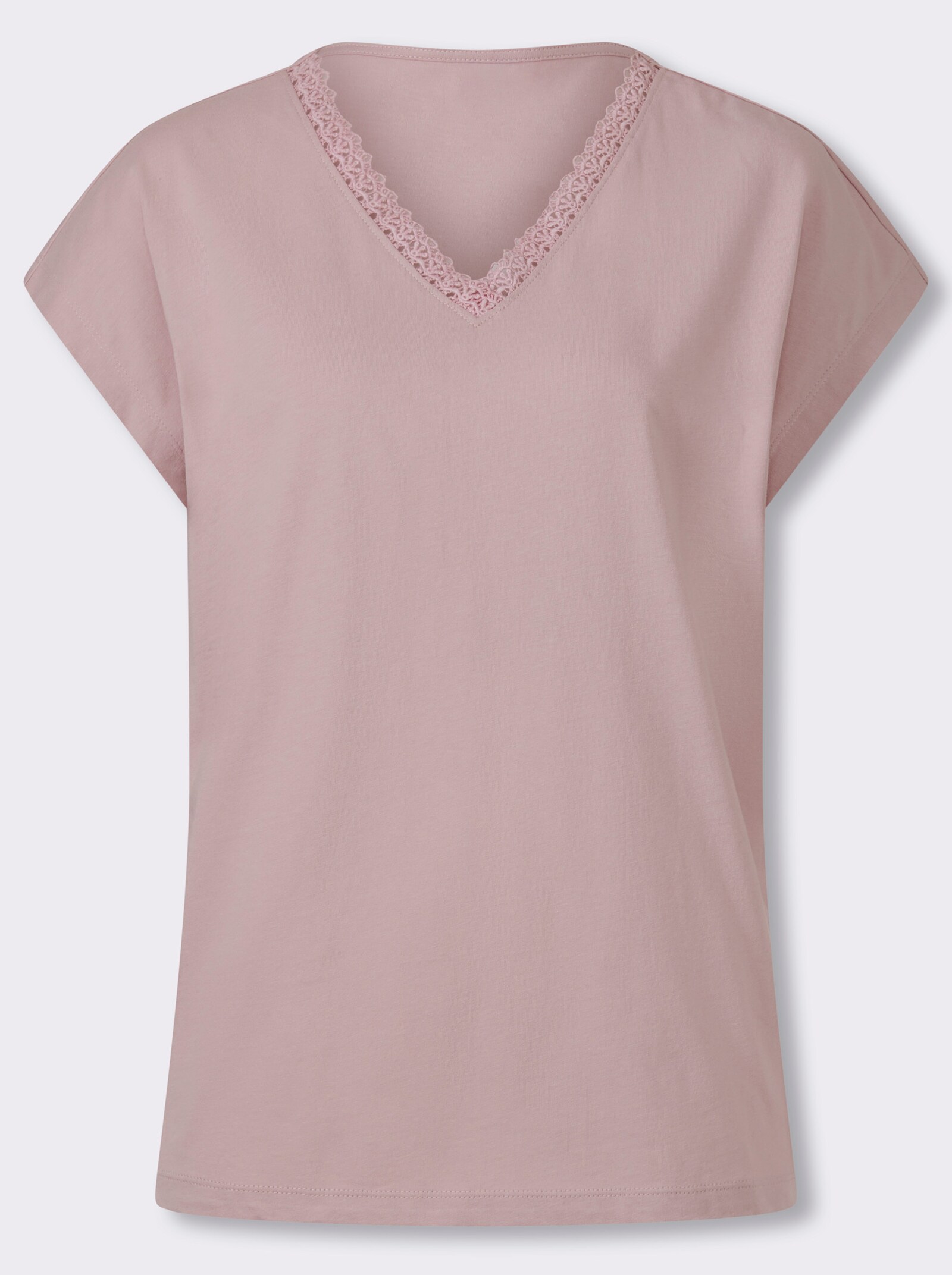 Kurzarmshirt mit Spitze am V-Ausschnitt - mauve