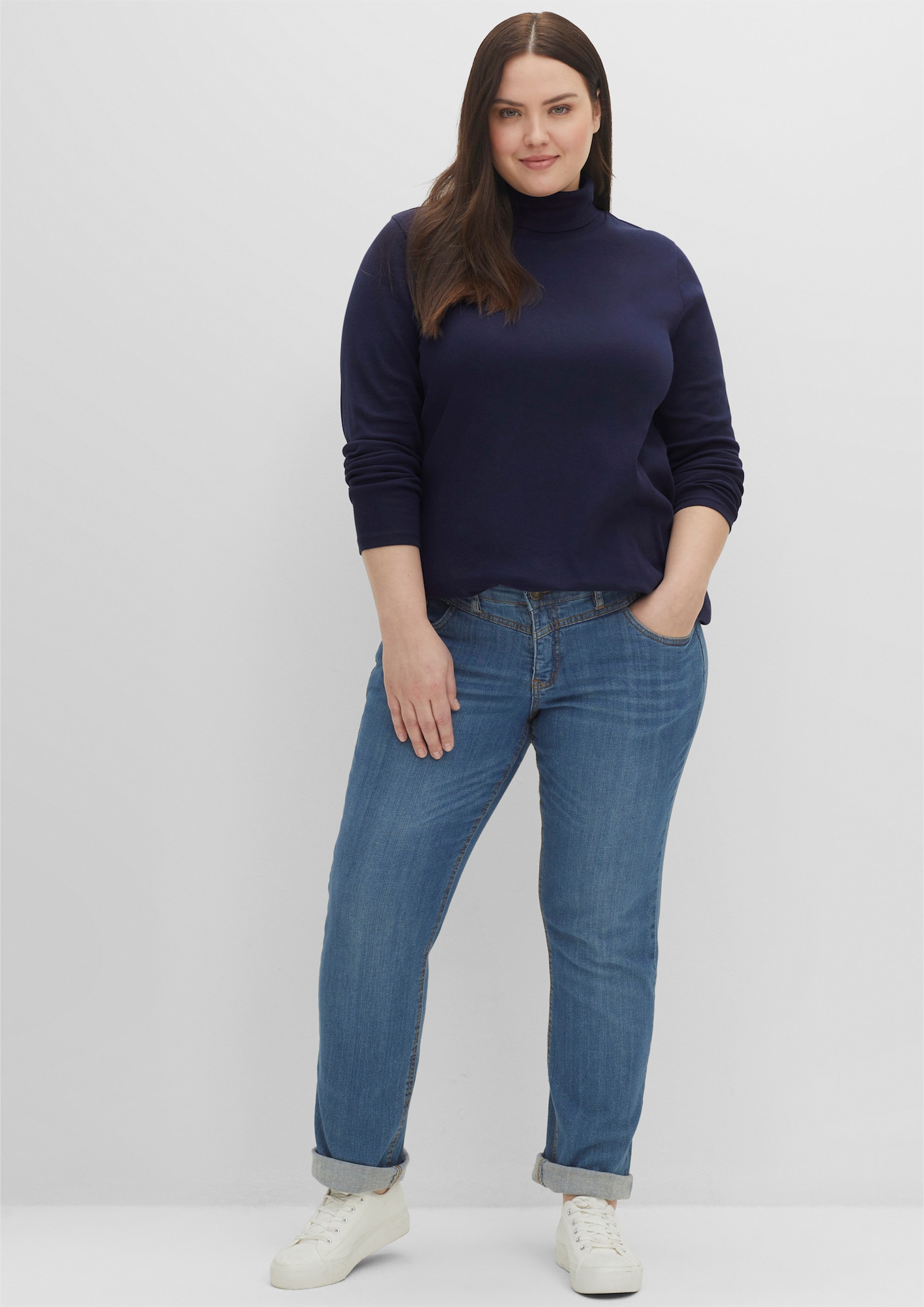 sheego Rollkragenshirt in A-Linie - marine