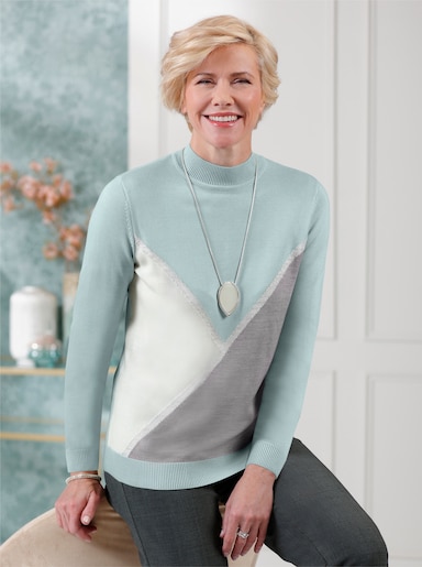 Stehkragenpullover - kalkmint-steingrau-gemustert