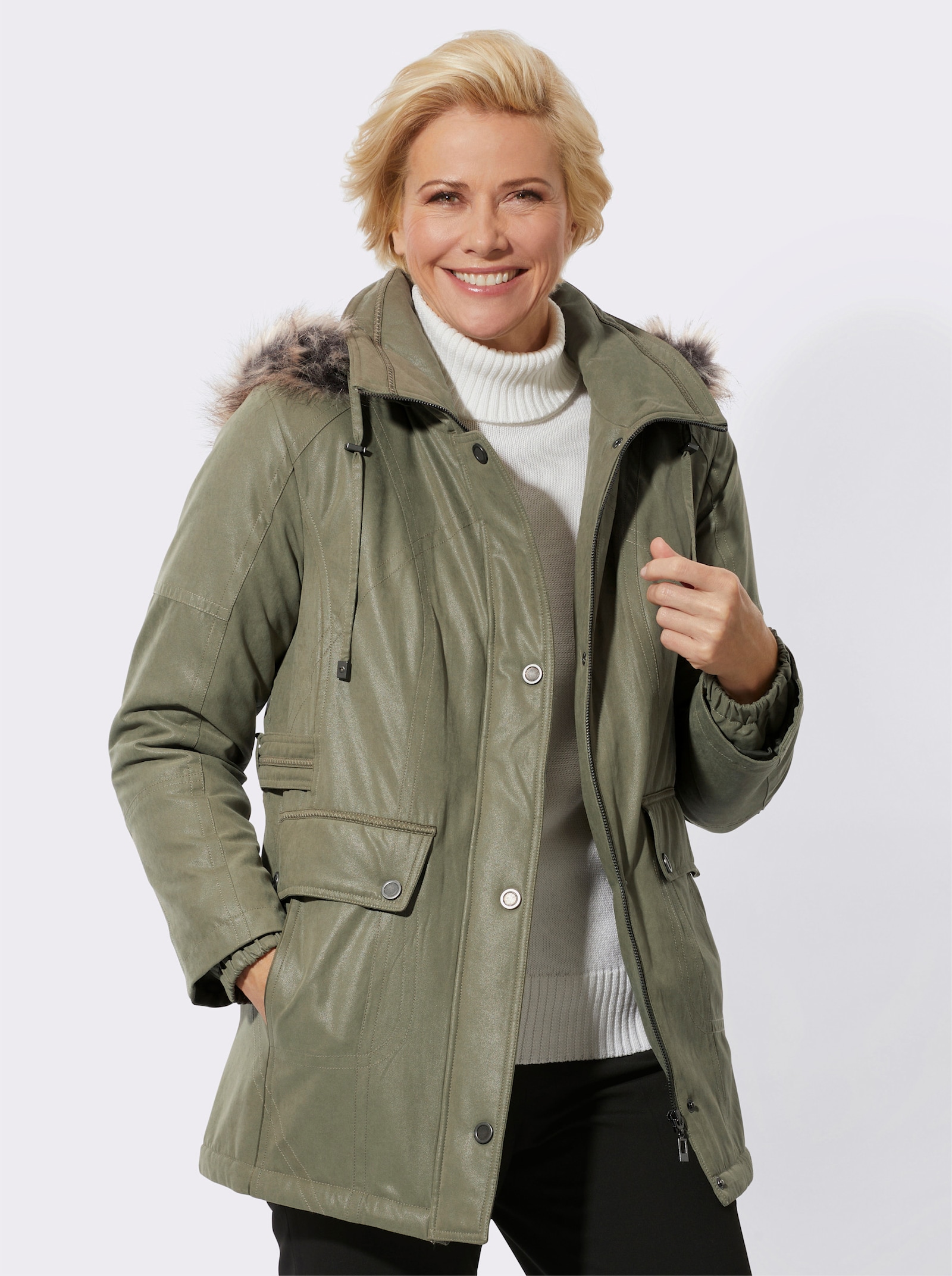 Jacke mit Pelz-Imitat-Besatz - khaki