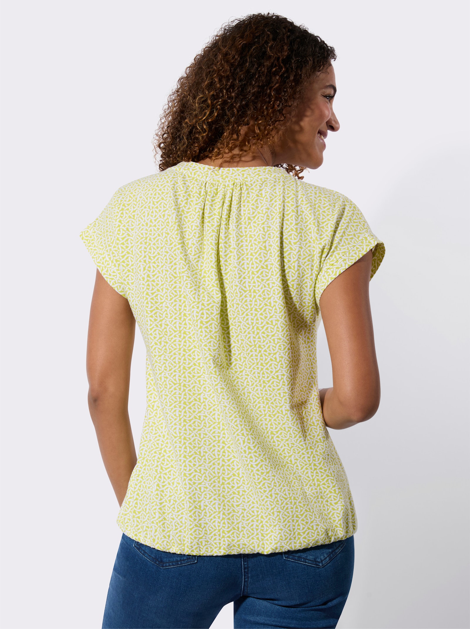 Kurzarmshirt mit kleinen Raffungen - limone-ecru-bedruckt