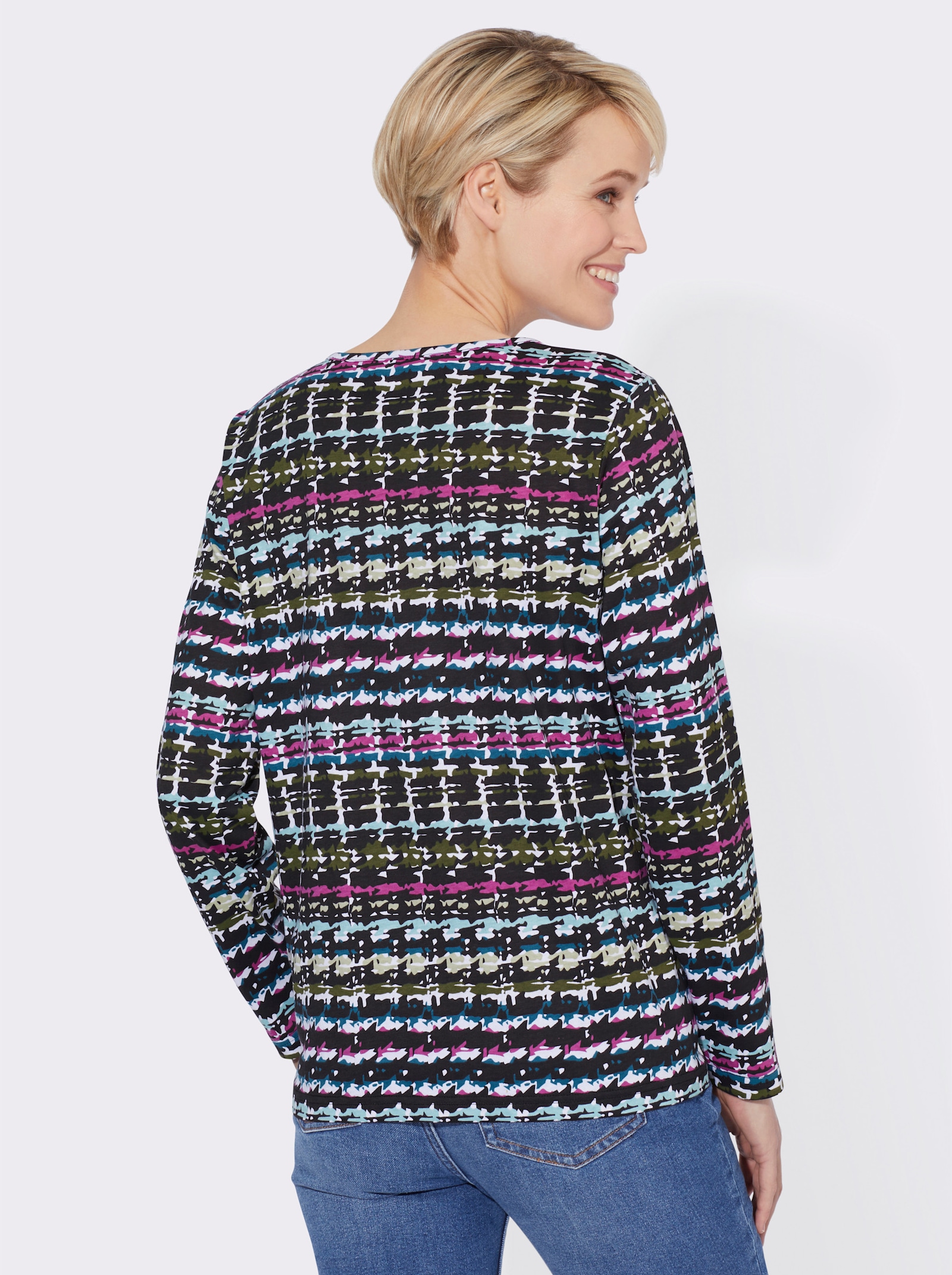 Rundhalsshirt paspelierter Ausschnitt - ecru-topas-bedruckt