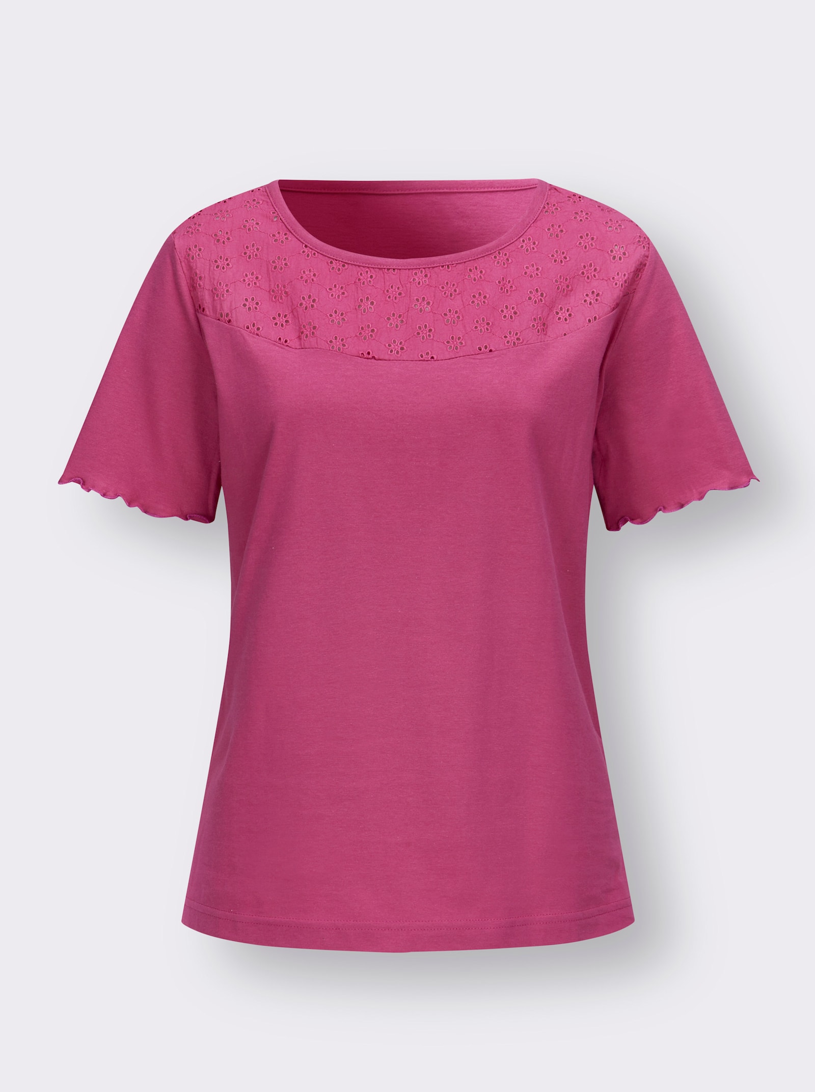 Tričko s krátkým rukávem s vsadkou s ažurovou výšivkou - fuchsiová