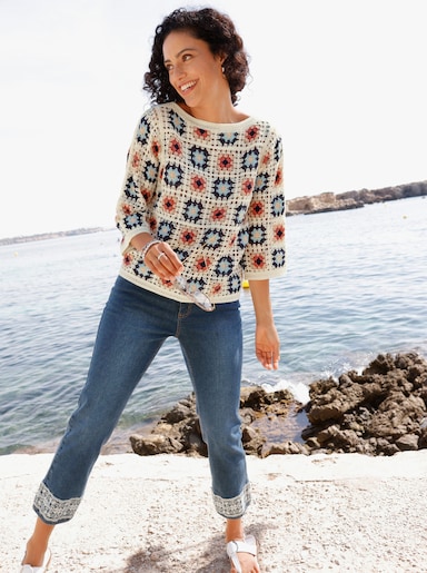 Pullover - ecru-koralle-gemustert