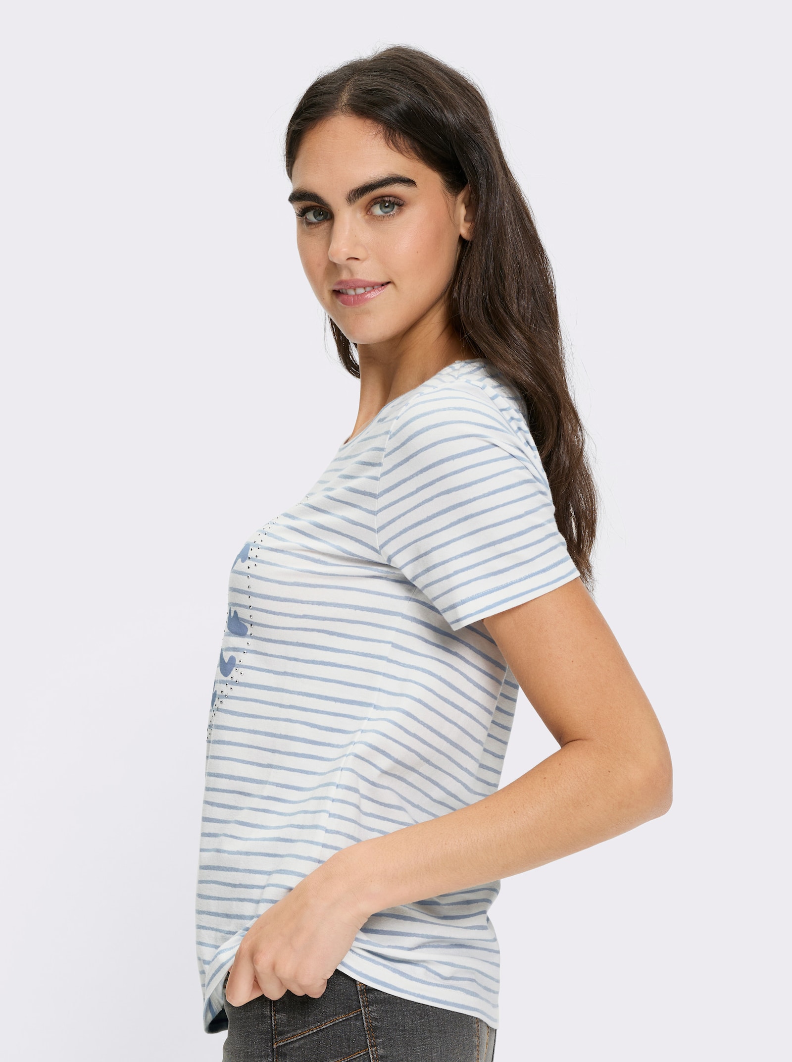 heine Rundhalsshirt mit Streifen-Dessin - ecru-eisblau-geringelt