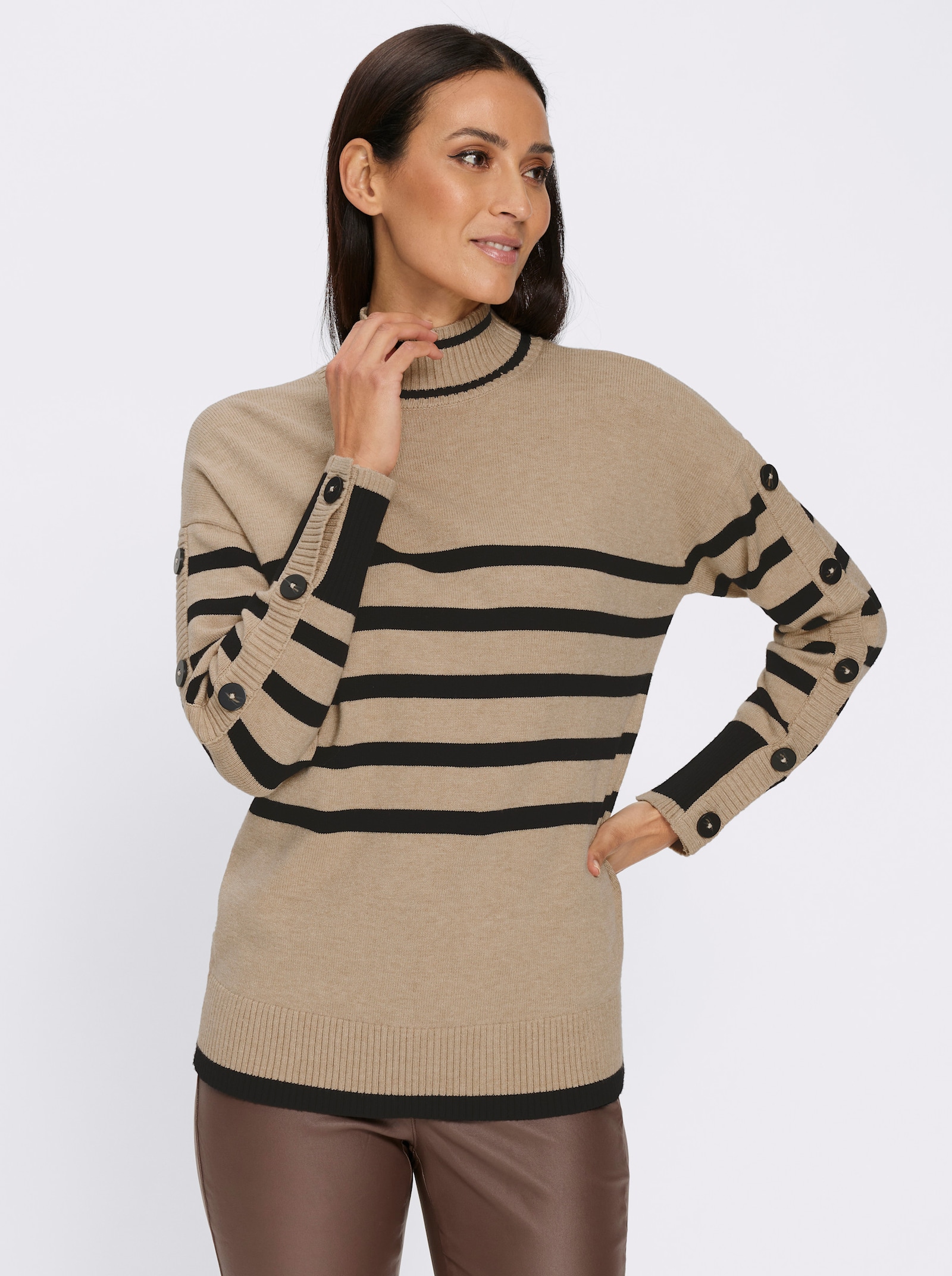 heine Stehkragenpullover mit Zierknöpfen - beige-schwarz-gestreift