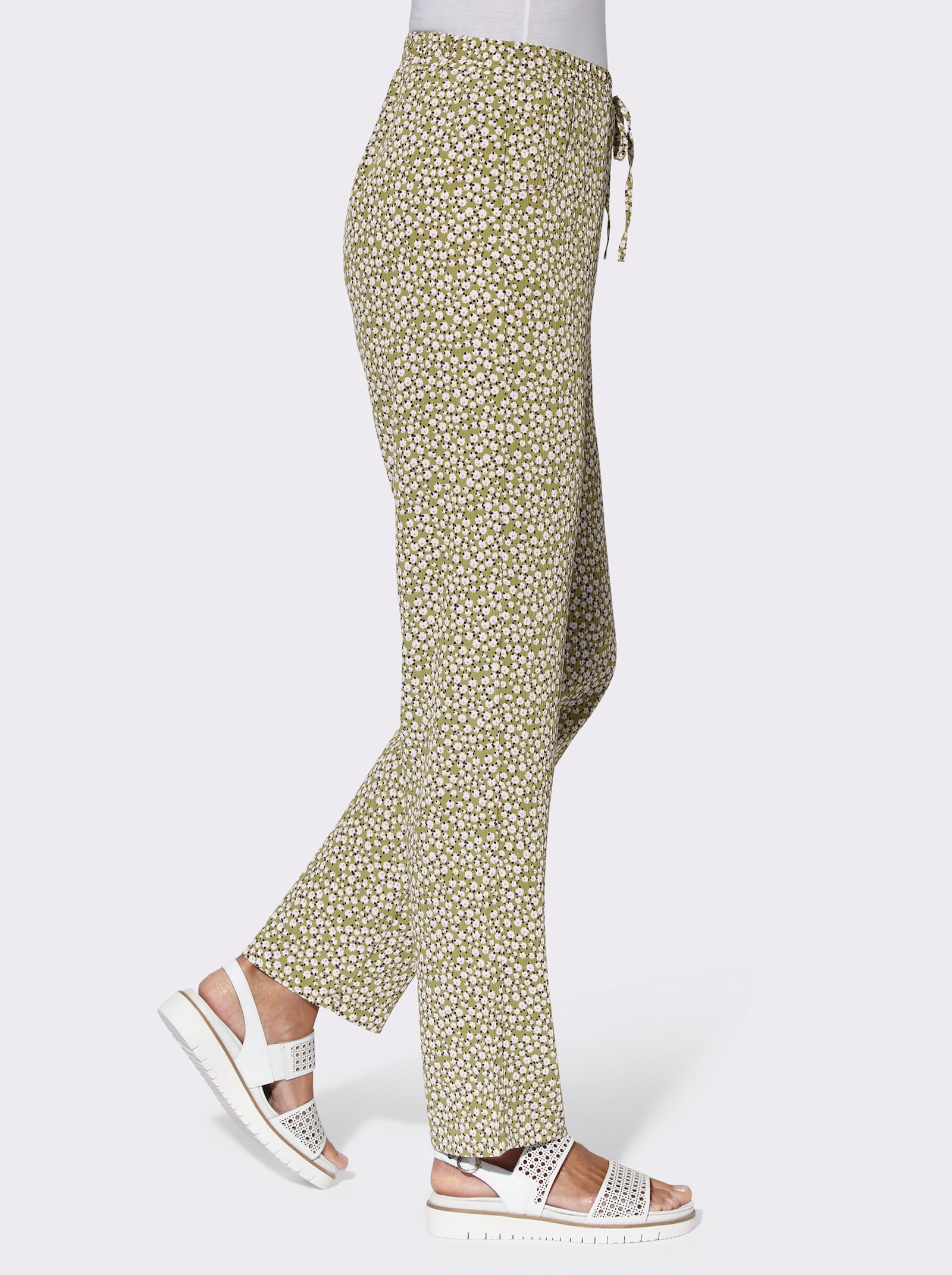 Navlékací kalhoty s ozdobným páskem - rákos. + rákos.-bílá-potisk