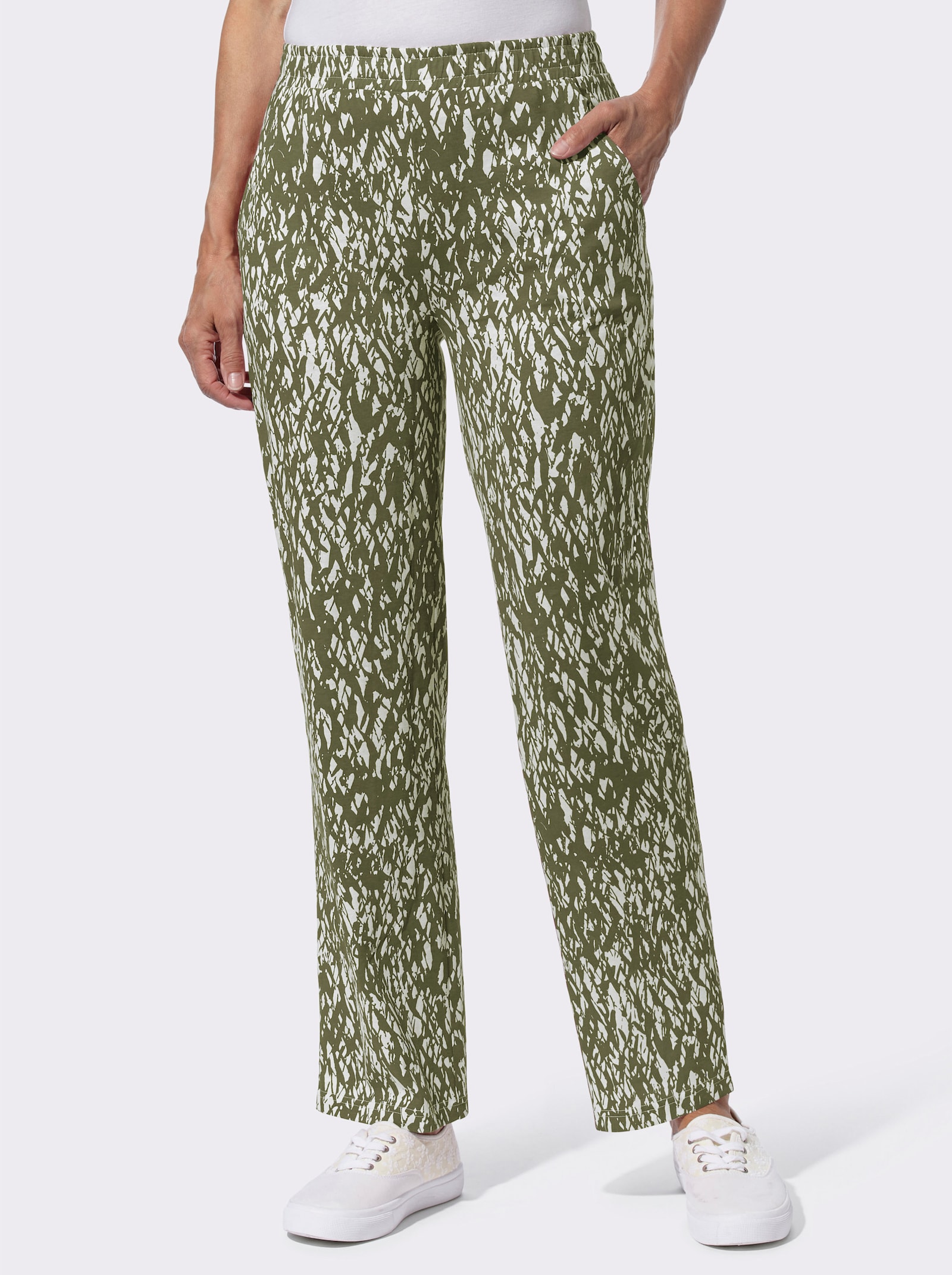 Vrijetijdsbroek met twee zakken, bedrukt - olijf/ecru bedrukt