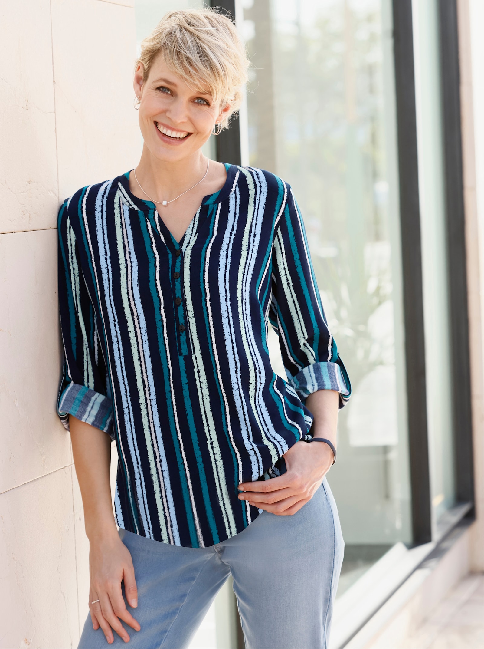 Schlupfbluse aus reiner Viskose - kalkmint-petrol-gestreift