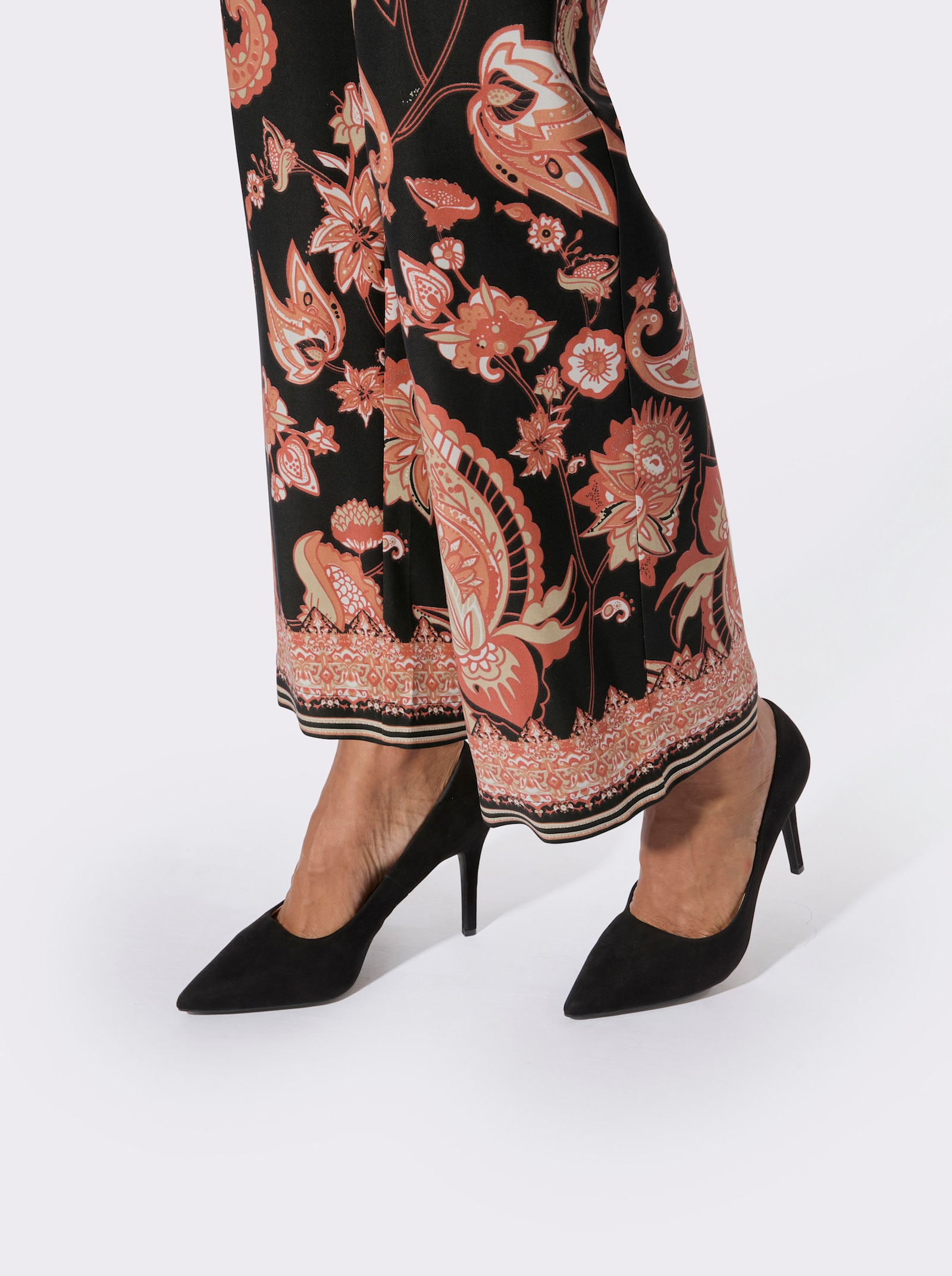 Druckhose mit zwei Nahttaschen - schwarz-papaya-bedruckt