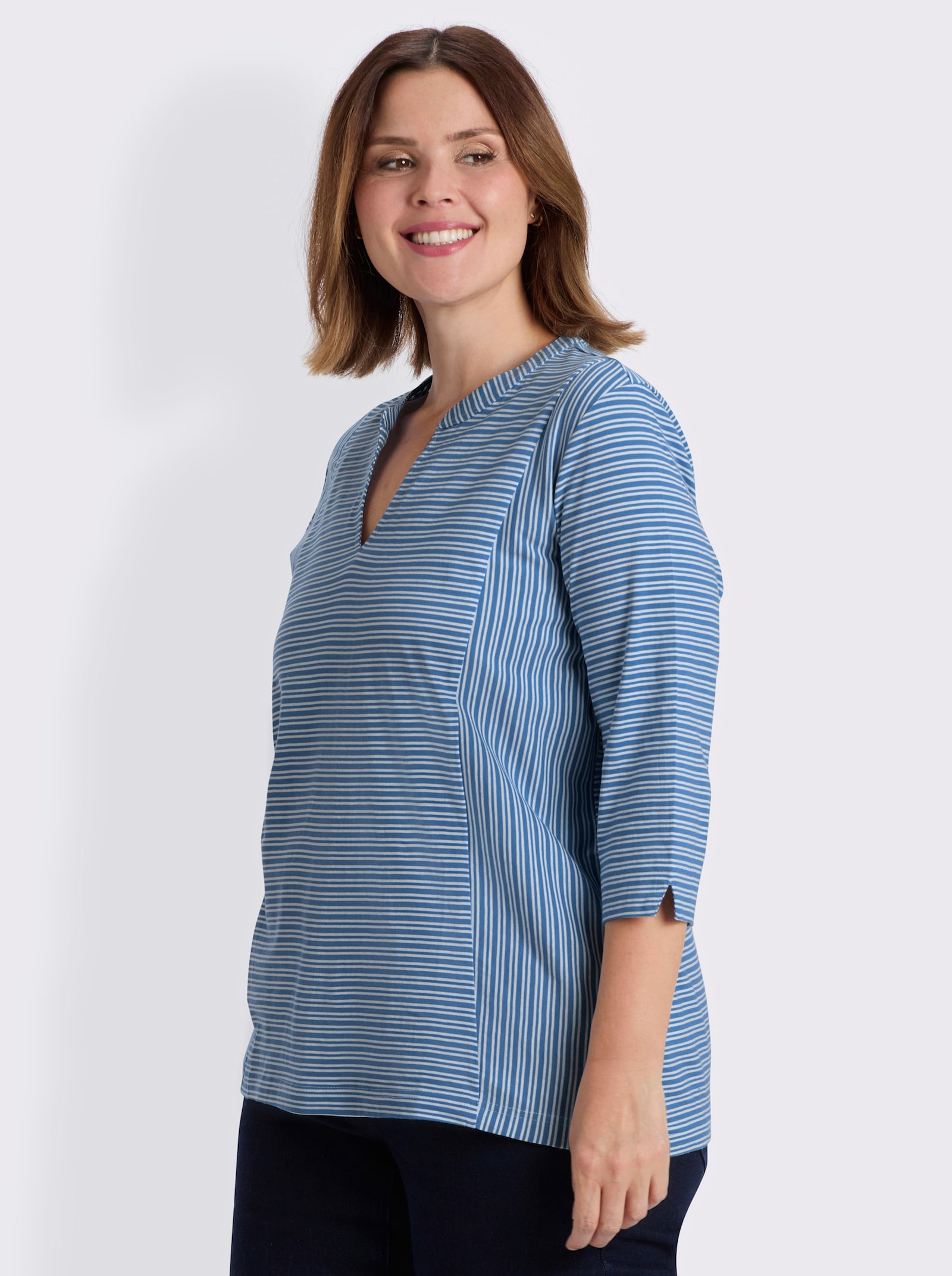 3/4-Arm-Shirt mit Ringel-Muster, garngefärbt - mittelblau-weiß-gestreift