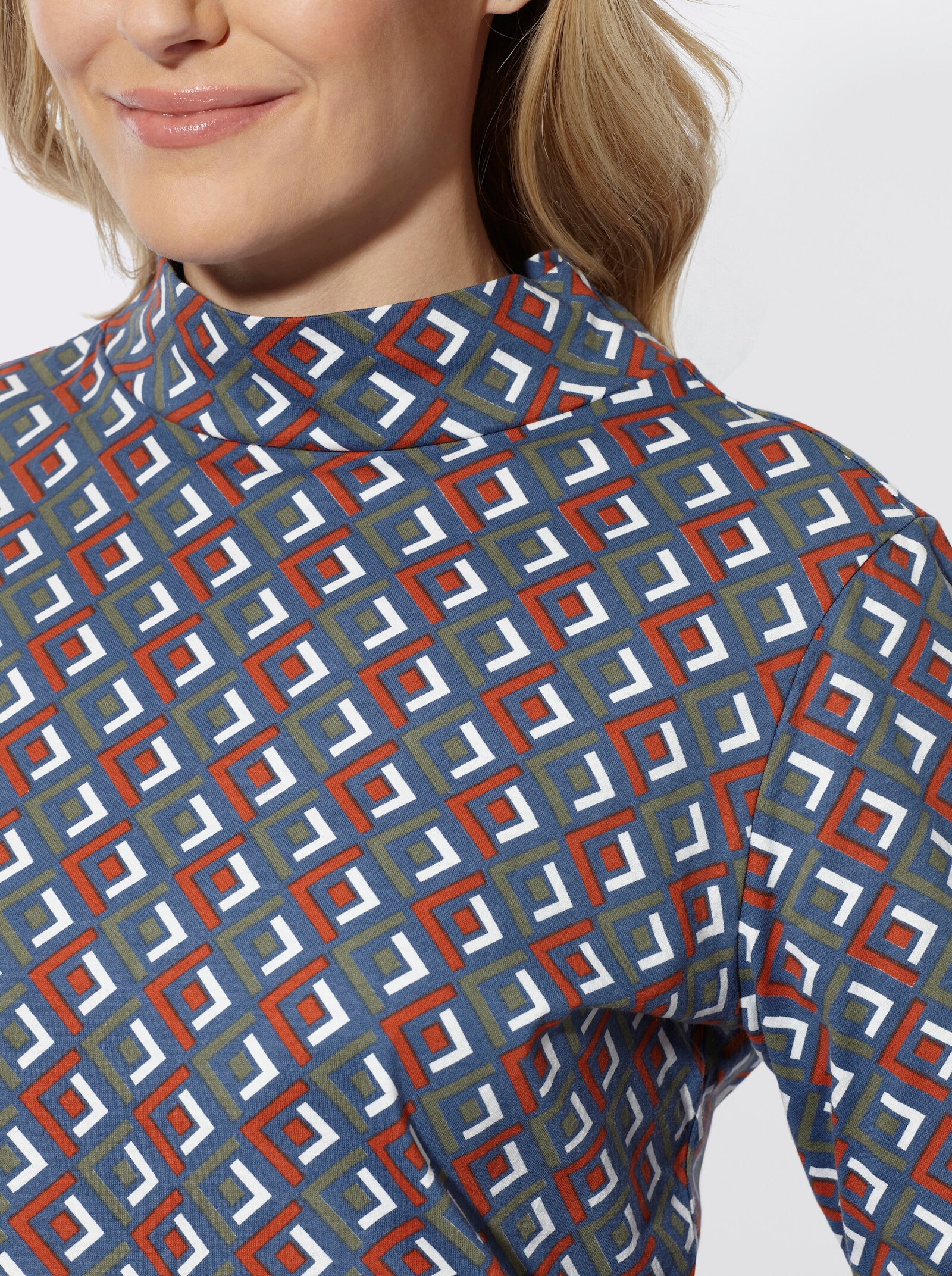 Stehkragenshirt mit Print - rauchblau-rostrot-bedruckt