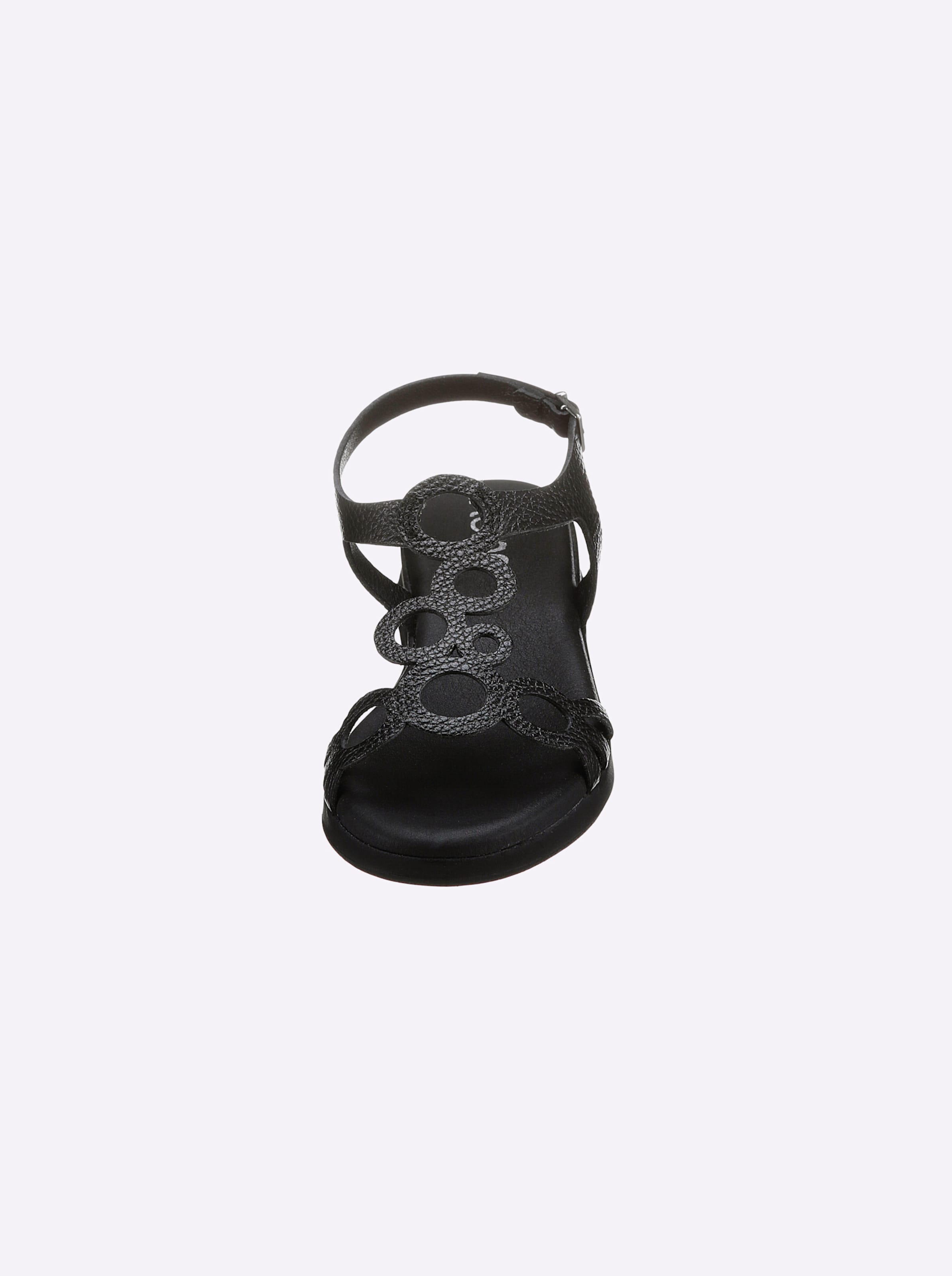 Sohle Leder  günstig Kaufen-Sandale in schwarz von heine. Sandale in schwarz von heine <![CDATA[Keilsandalette Trendbegleiter aus weichem Rind-Glattleder im Metallic-Look. Mit Prägung. Futter und Innensohle: Textil. Kontrastfarbenes Plateau, Höhe ca. 30 mm. Fällt klein aus, bitte