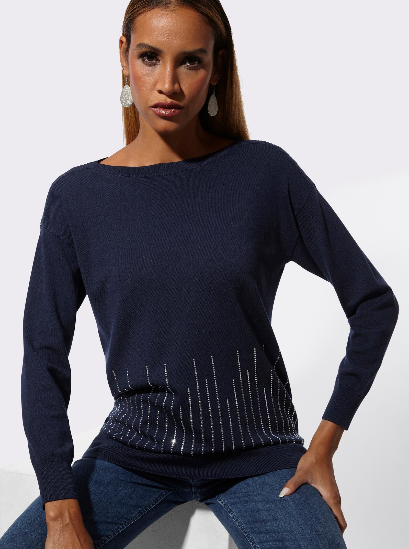 Langarm-Pullover mit U-Boot-Ausschnitt - marine