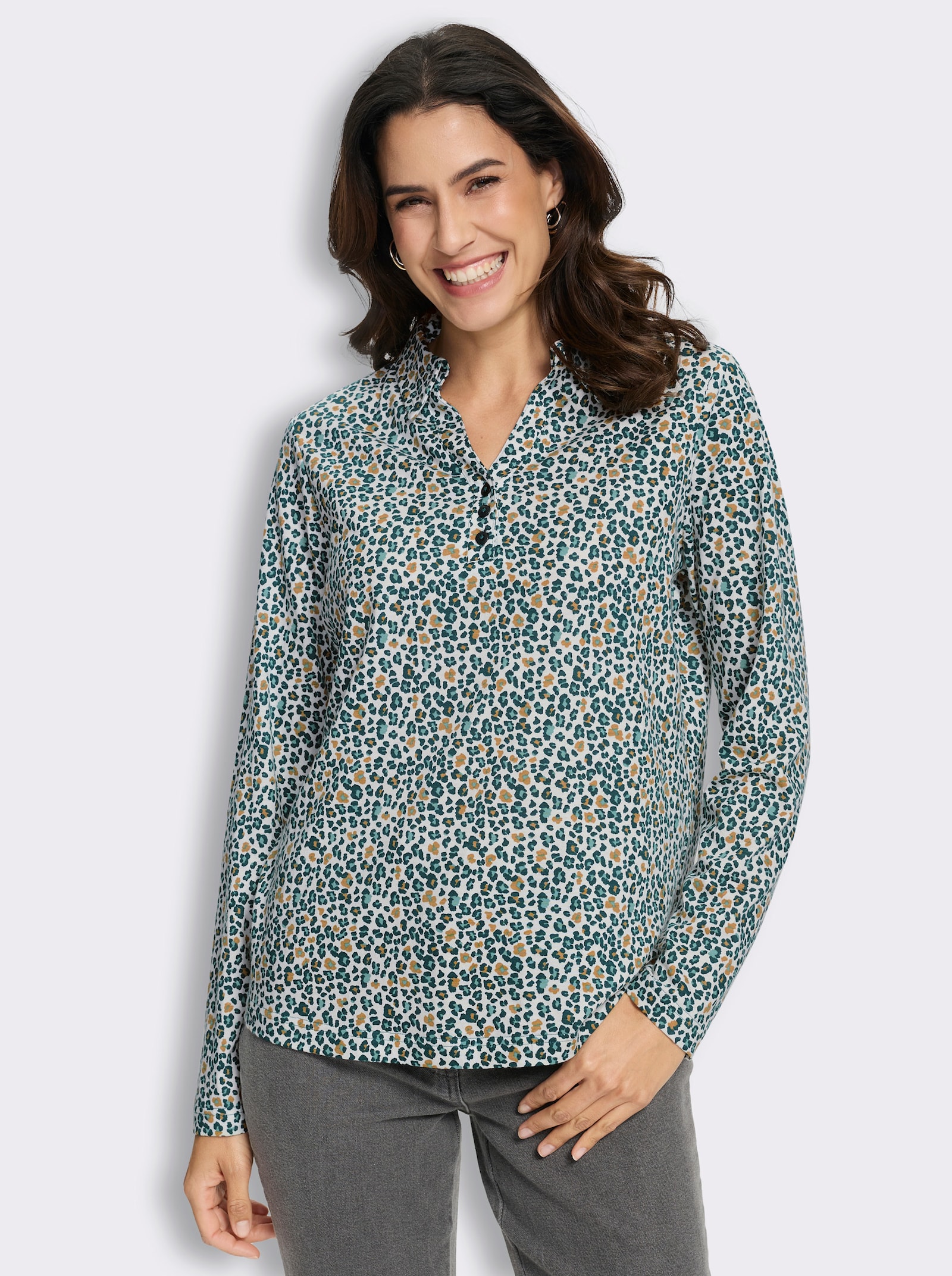  Print-Shirt mit offenem Hemdkragen - petrol-camel-bedruckt