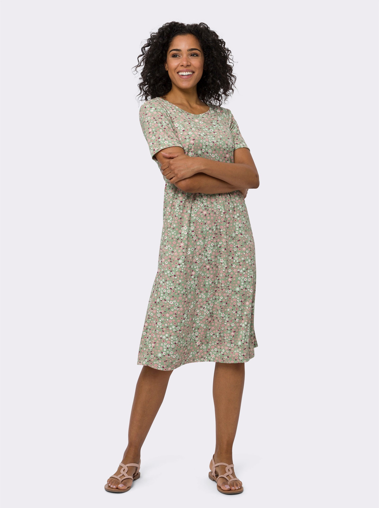 Jerseykleid mit ausgestelltem Rockteil - eucalyptus-rosenquarz-bedruckt