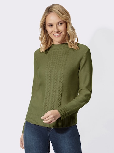 Stehkragenpullover mit Zopfmuster - oliv