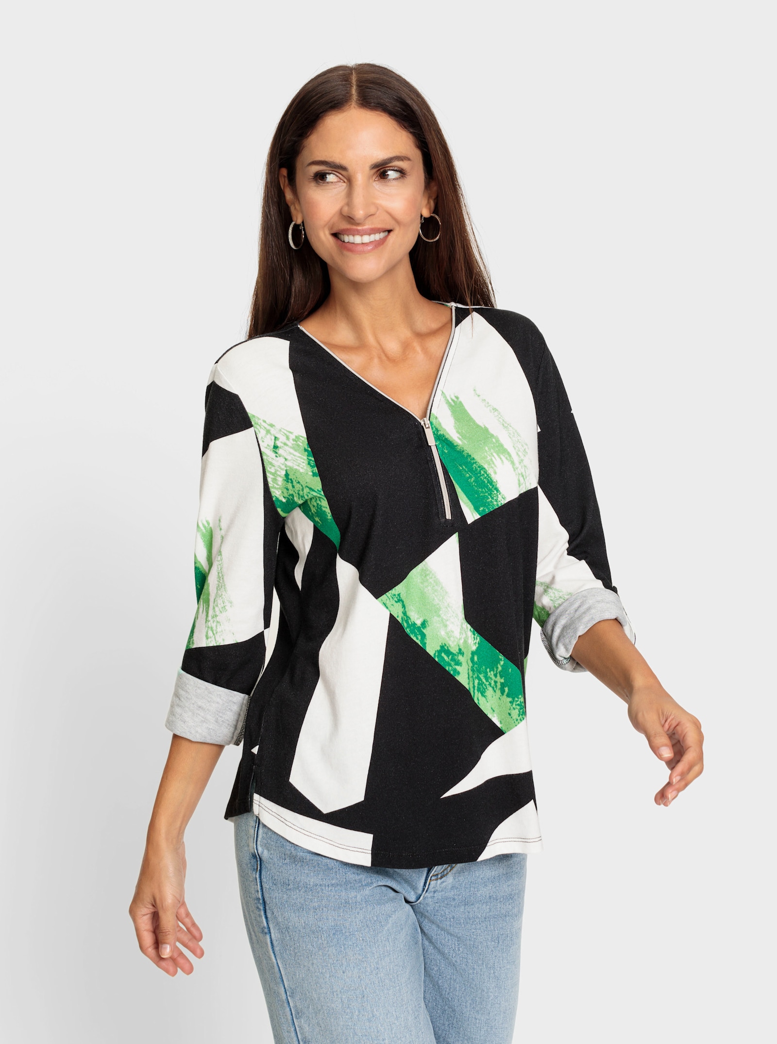 Shirt met opstroopbare mouwen - zwart/appelgroen gedessineerd