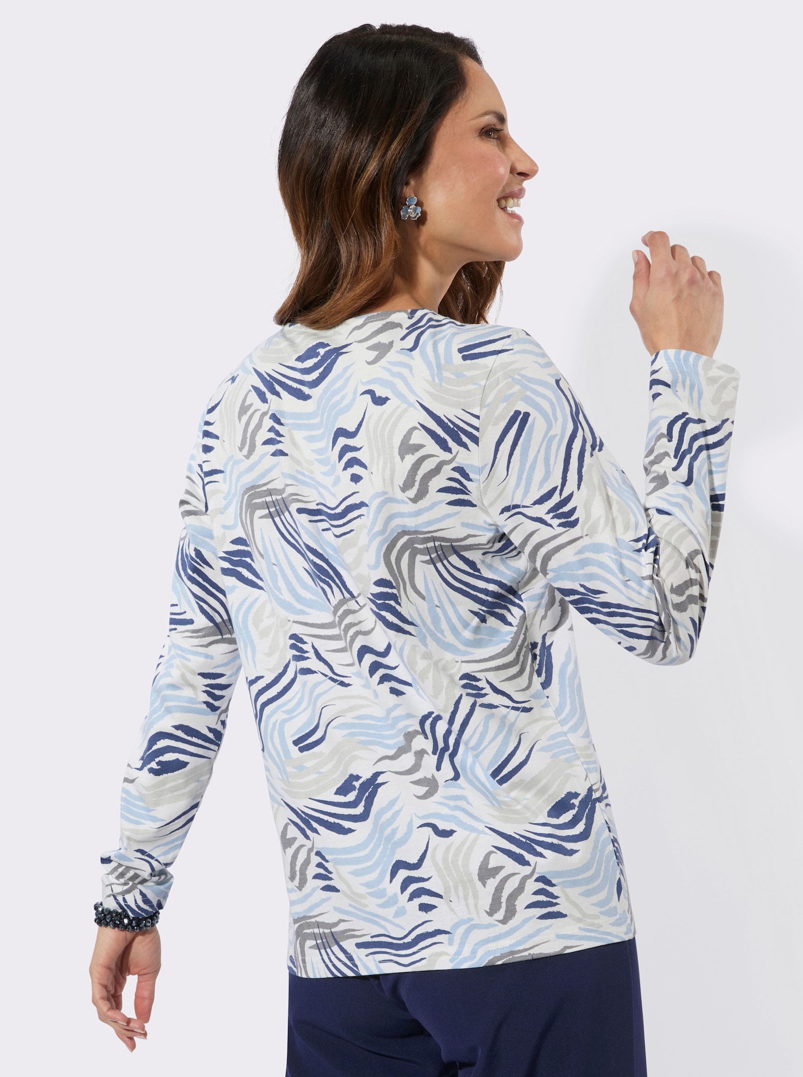 Langarmshirt im Grafik-Dessin - ecru-rauchblau-bedruckt