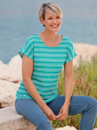 Shirt met ronde hals - smaragdgroen-ecru gestreept