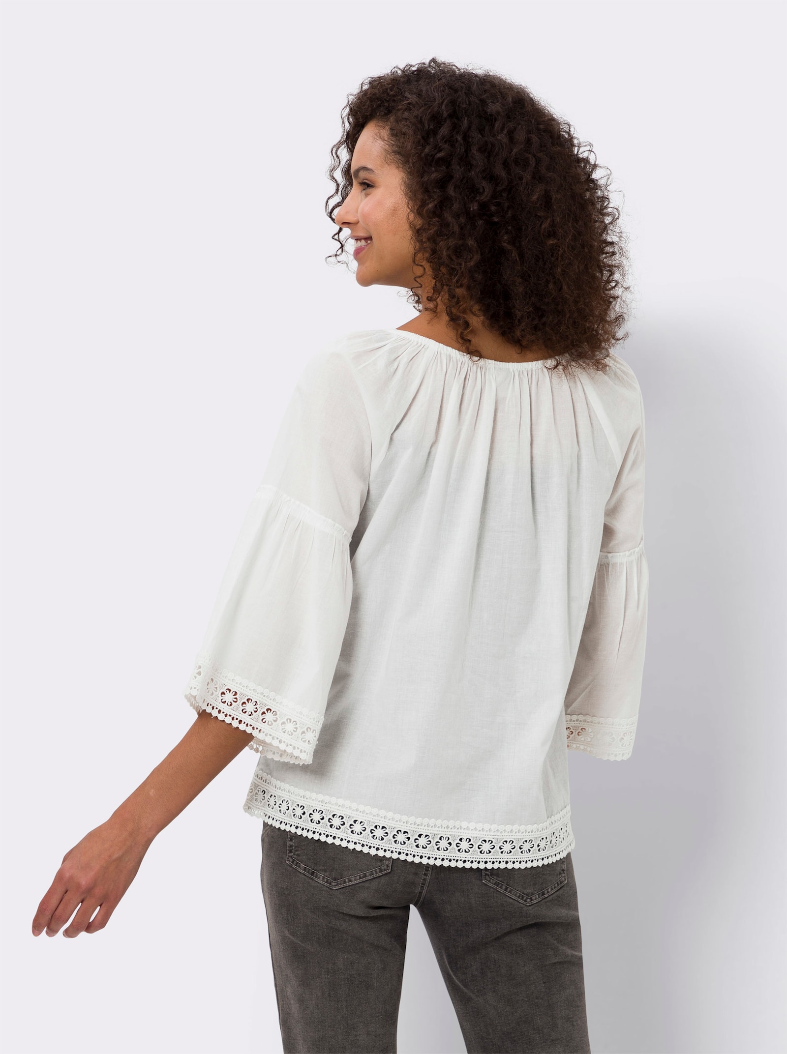 heine Baumwollbluse mit Spitzenbordüre - ecru