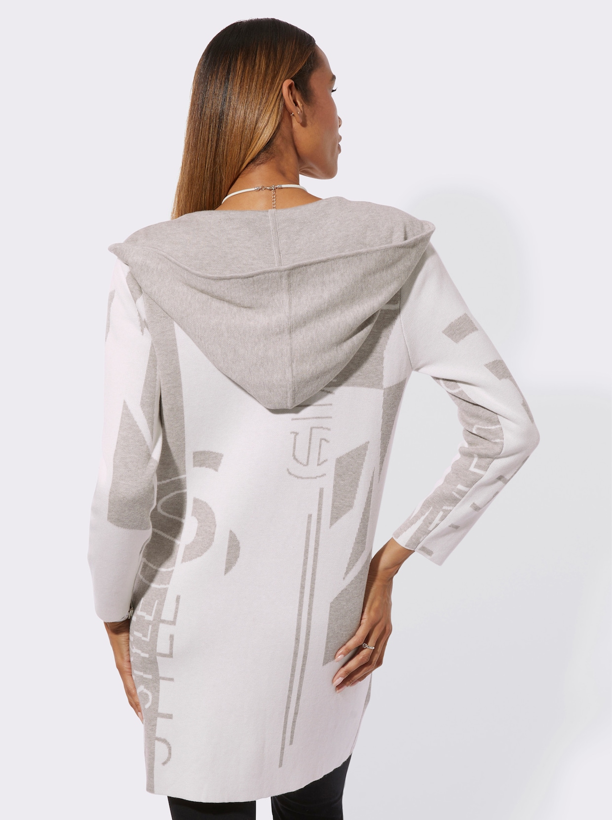 Longstrickjacke - ecru-hellgrau-gemustert
