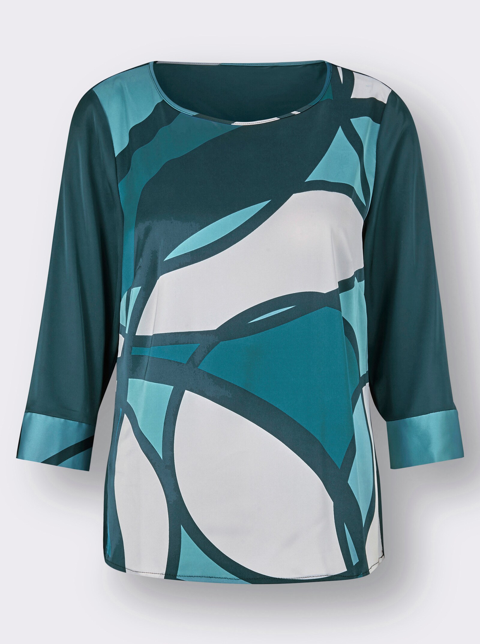 Schlupfbluse , hinten einfarbig - ecru-petrol-bedruckt