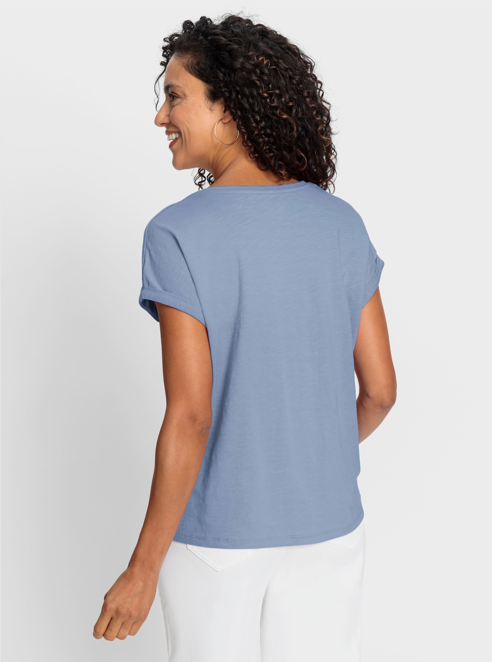 Rundhalsshirt mit Lochstickerei - bleu