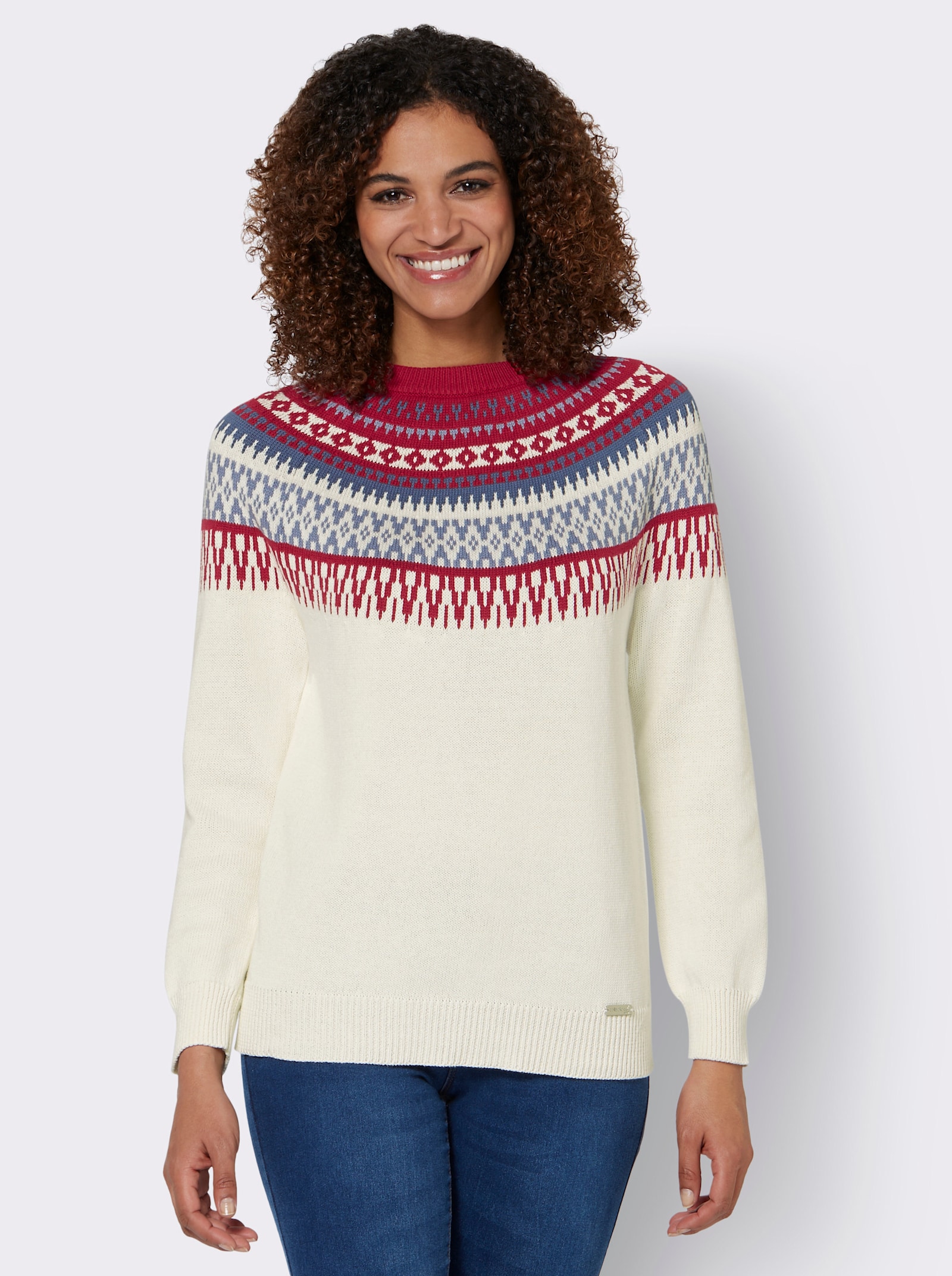 Pull norvégien 100% coton - écru-cerise à motifs