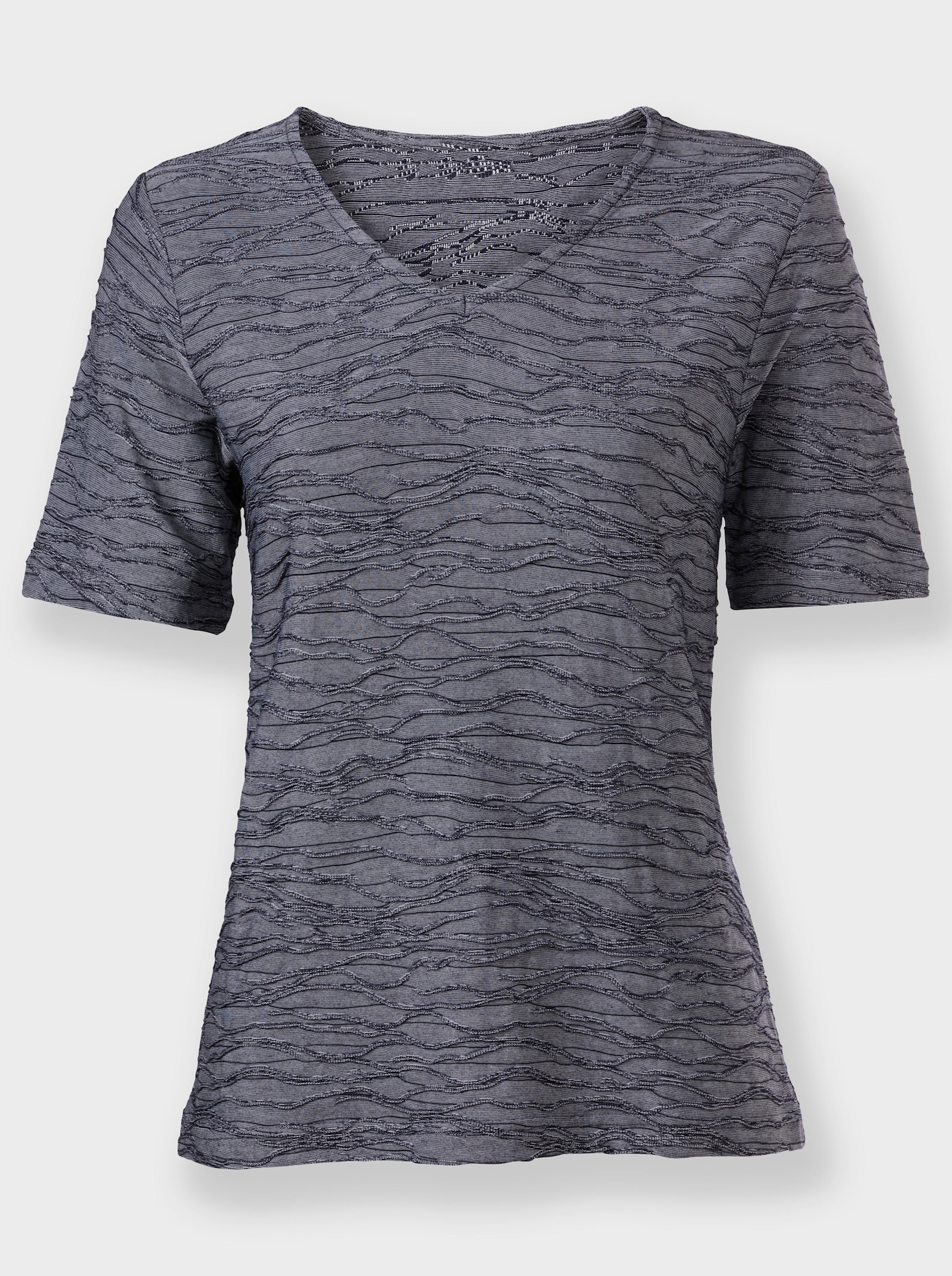 Shirt met V-hals en jacquardgolfpatroon - marine gemêleerd