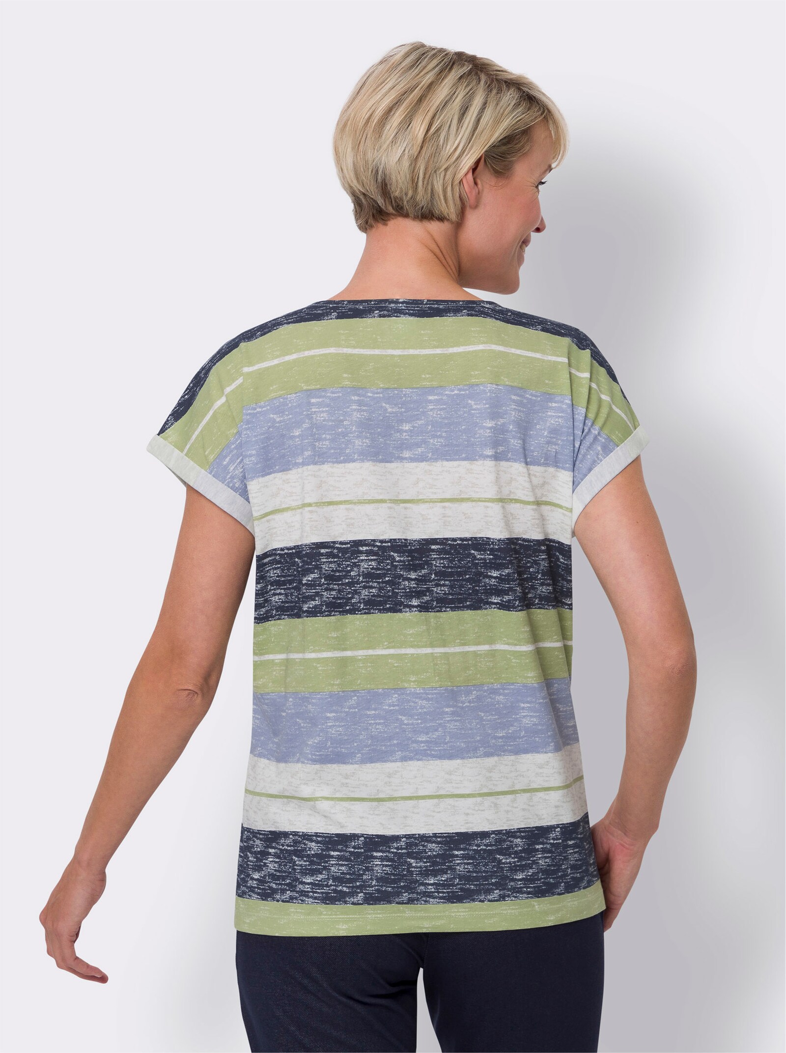 Shirt met ronde hals en streeppatroon - lindegroen/bleu gestreept