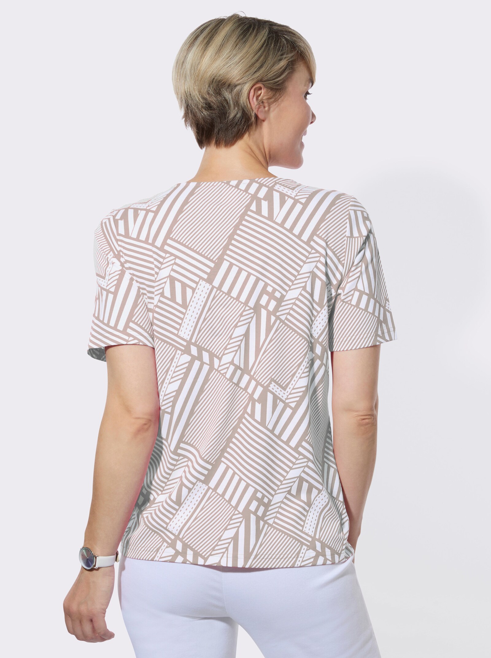 Rundhalsshirt im Grafik-Dessin - sesam-weiß-bedruckt