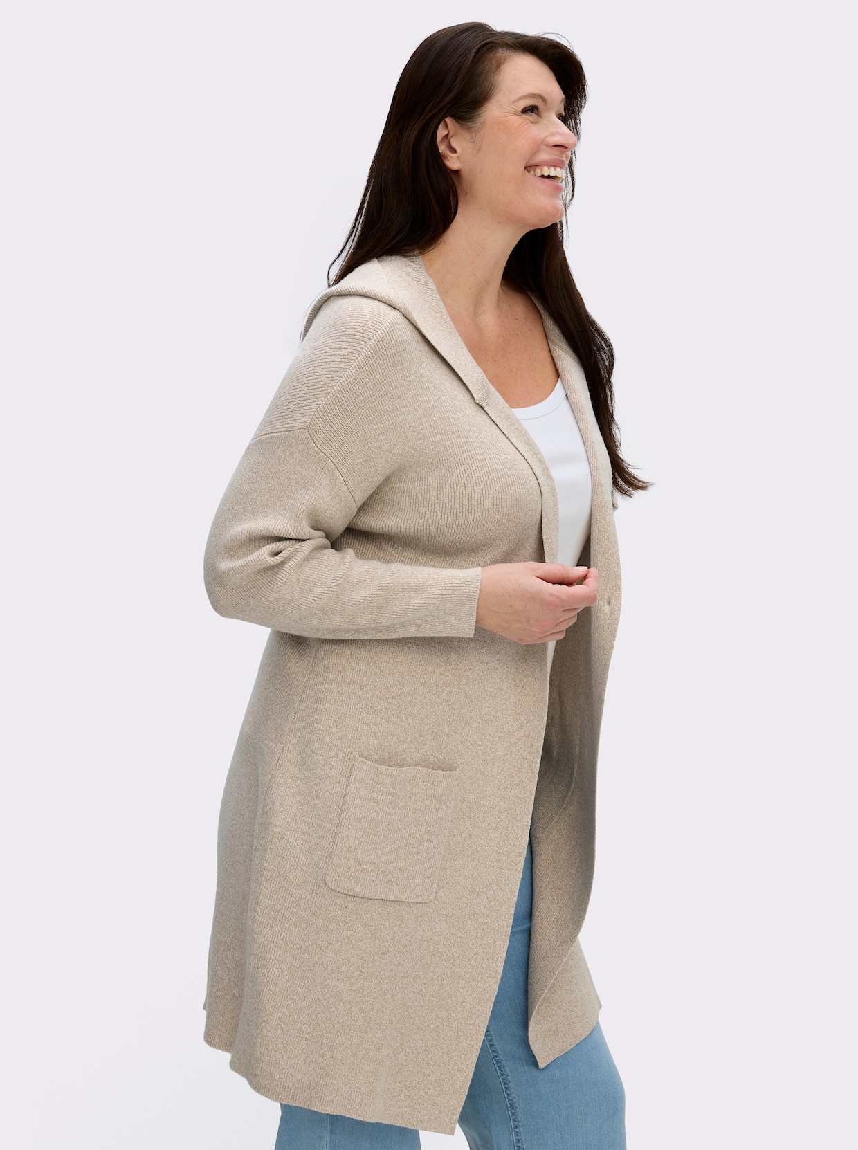 Longstrickjacke mit Kapuze - beige-meliert
