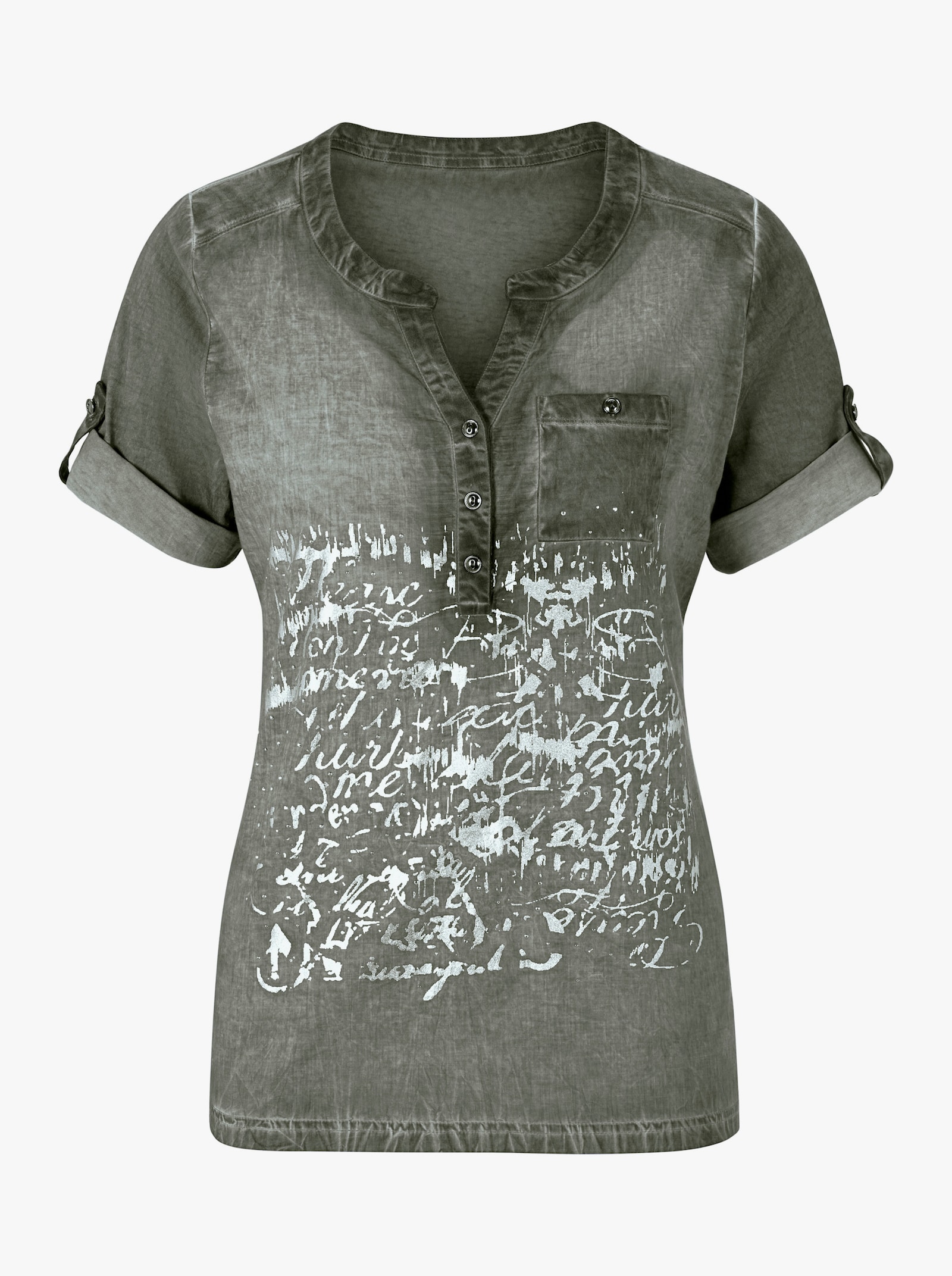 Blusenshirt mit glänzendem Druck, reine Baumwolle - grün