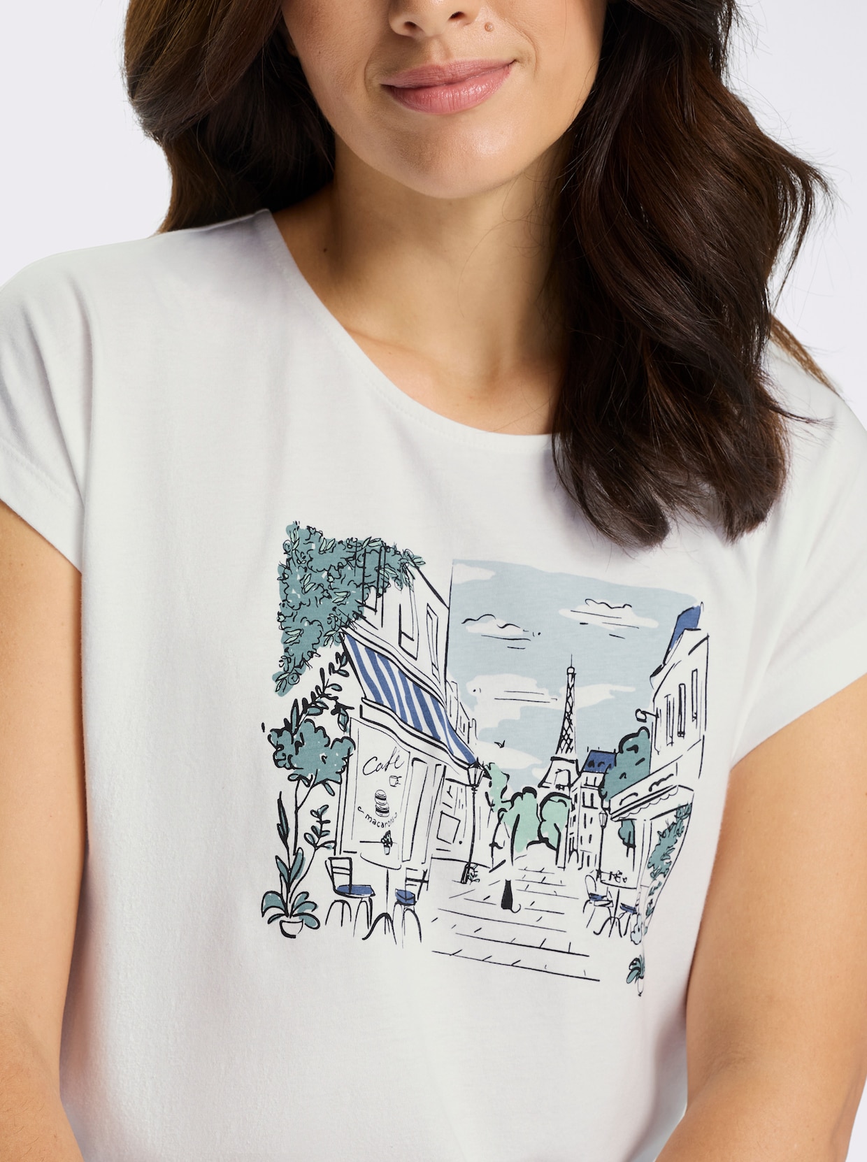 Rundhalsshirt mit Paris-Motiv - ecru-hellblau-bedruckt