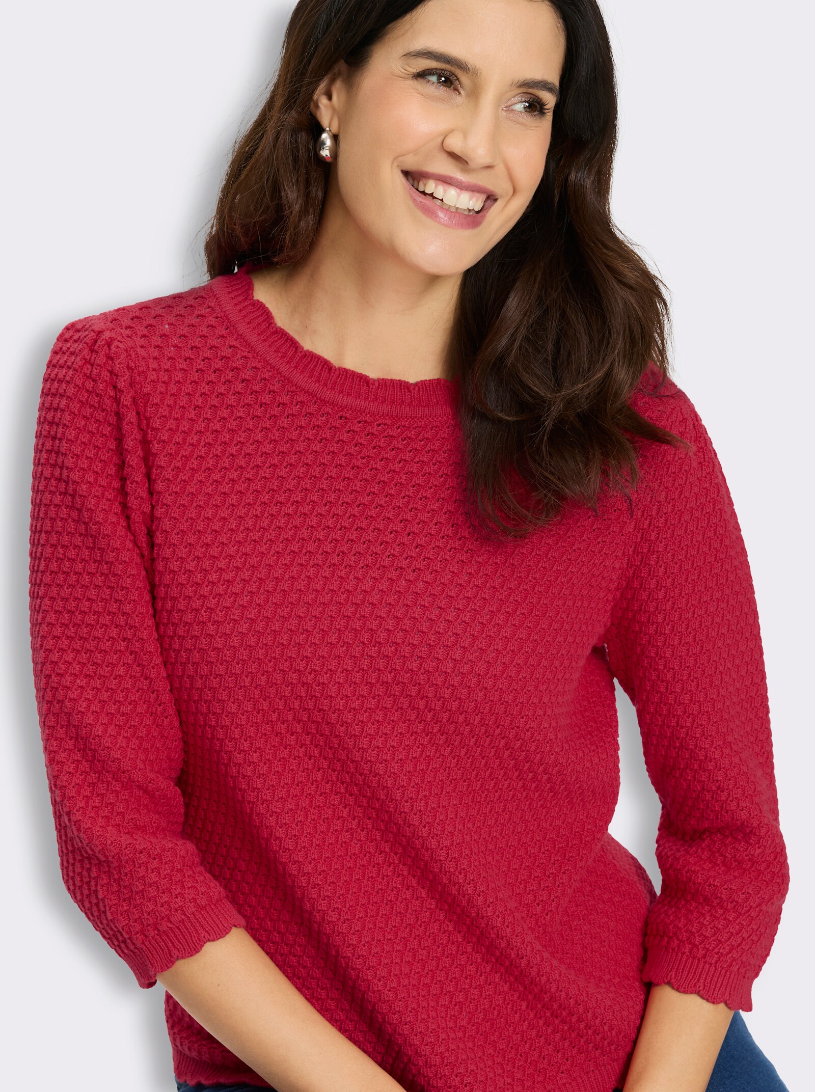 3/4-Arm-Pullover mit Struktur-Strickmuster - erdbeere