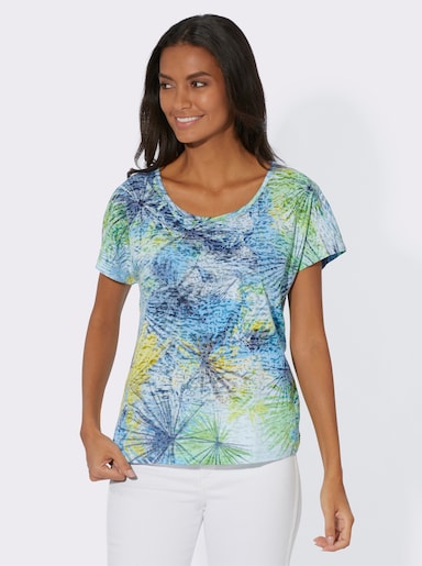 Rundhalsshirt grafisch bedruckt - mittelblau-limone-bedruckt