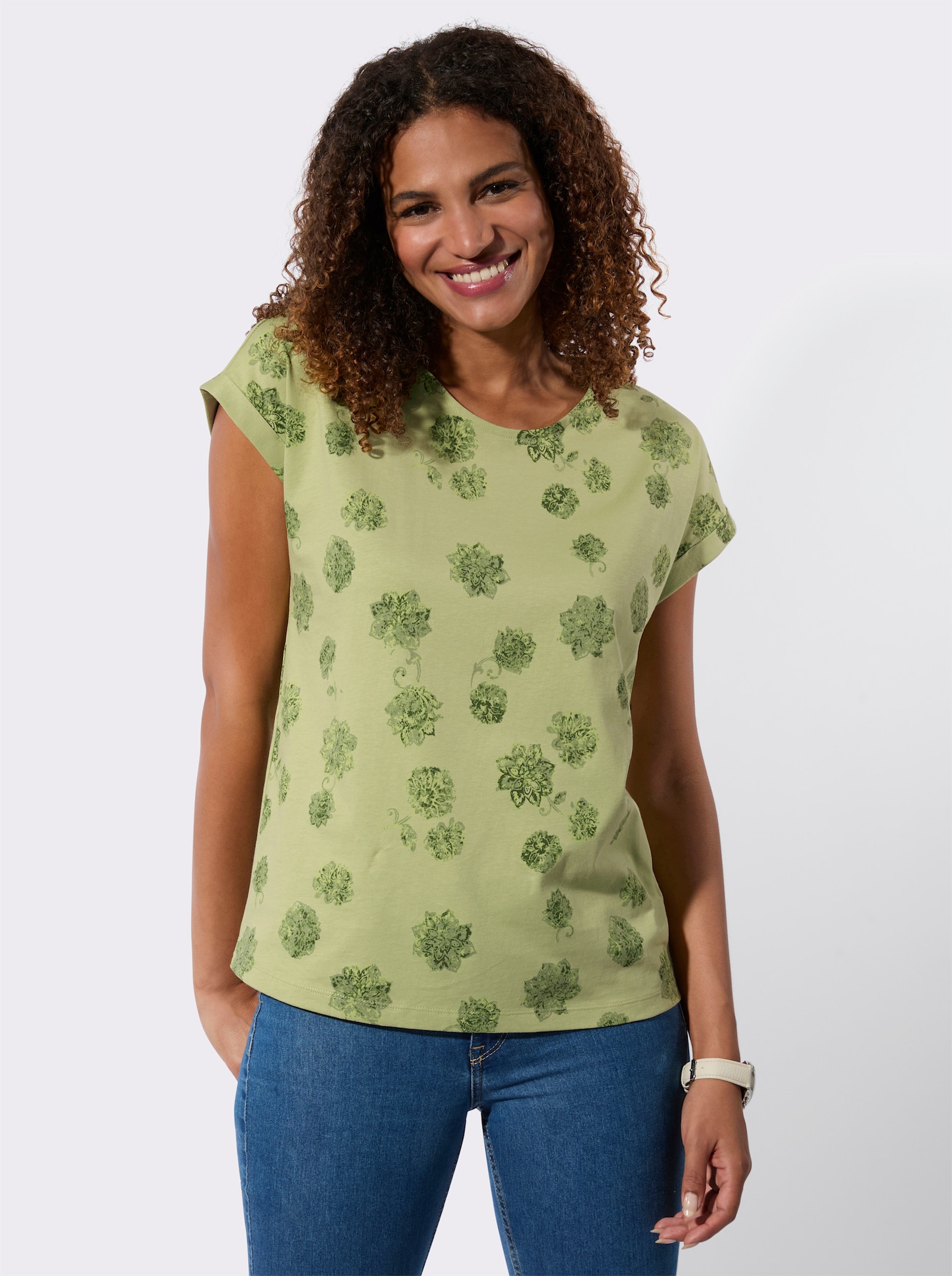 Kurzarmshirt mit Blumen-Dessin - lindgrün-schilf-bedruckt