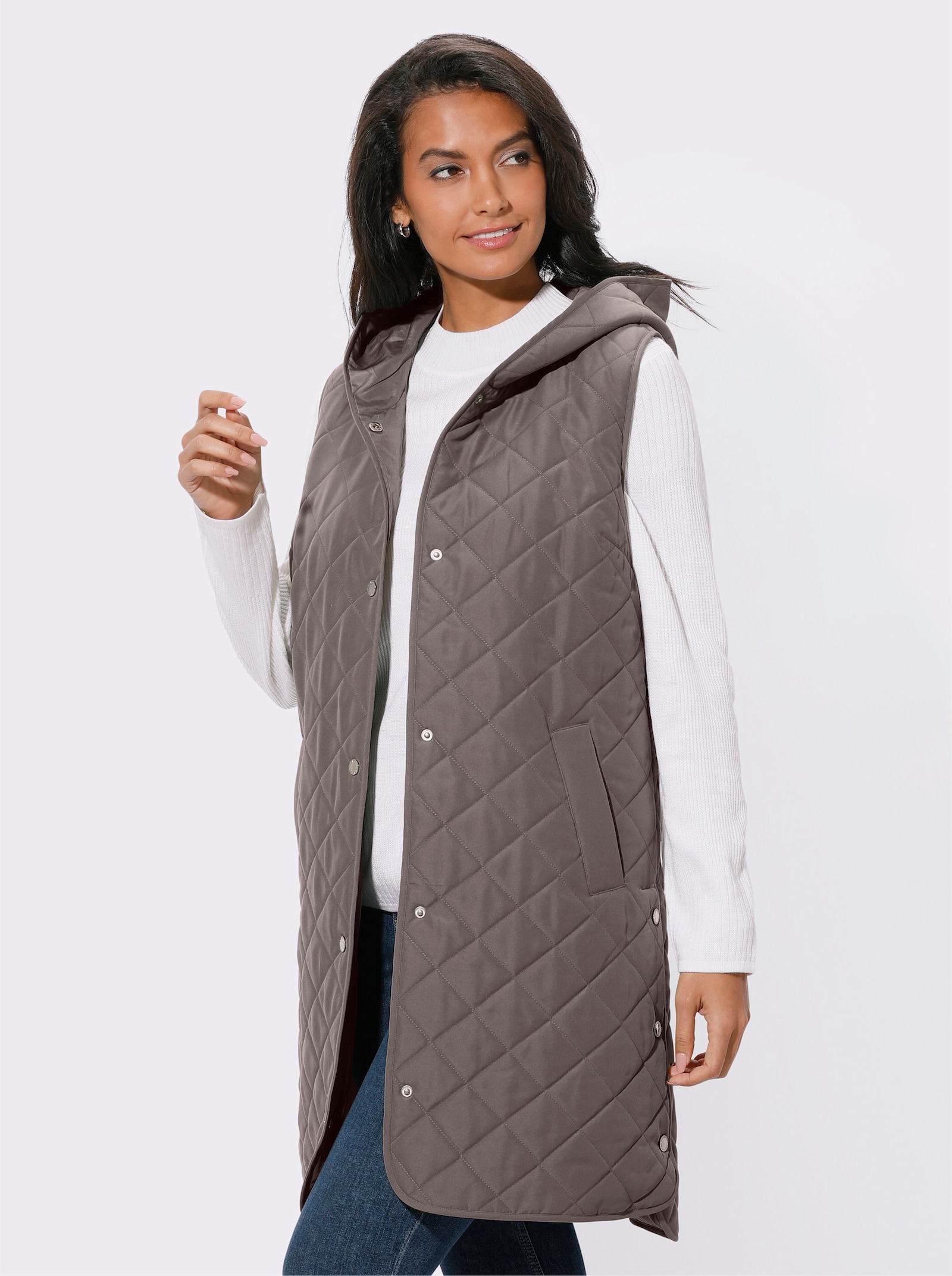 Lange bodywarmer met ruitstiksels - donkertaupe