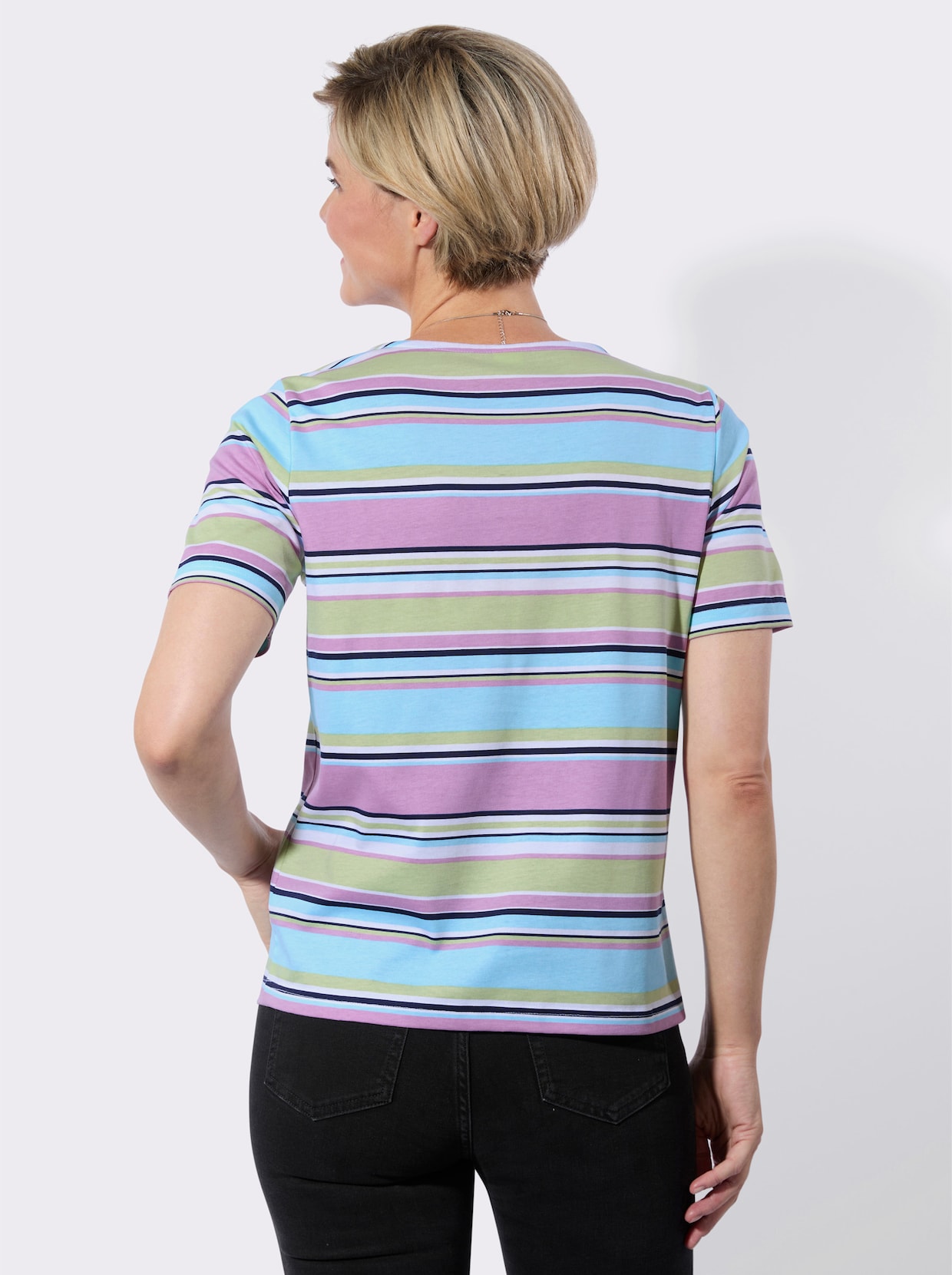 V-Shirt - weiß-aquamarin-geringelt