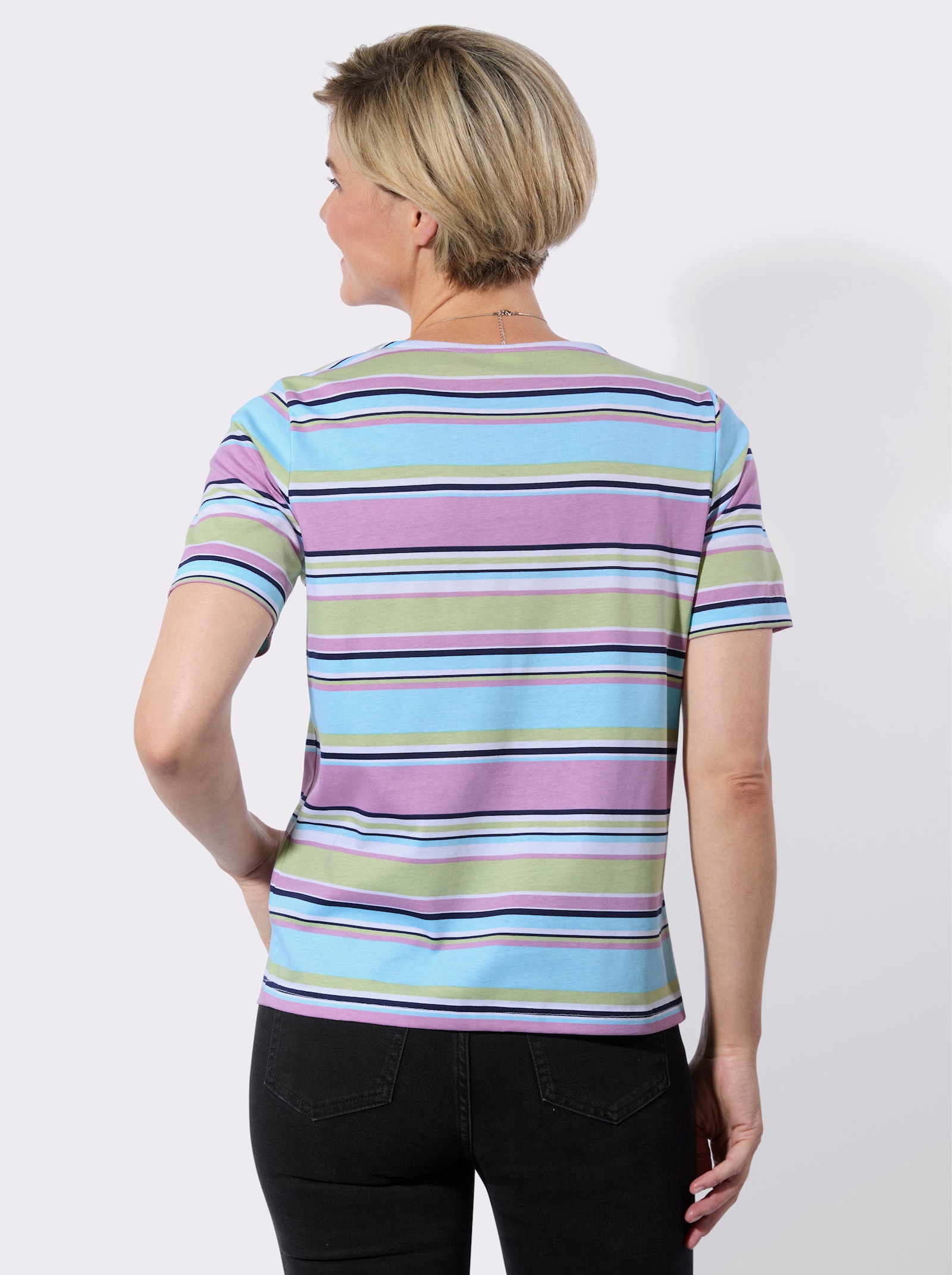 V-Shirt mit Ringel-Muster - weiß-aquamarin-geringelt