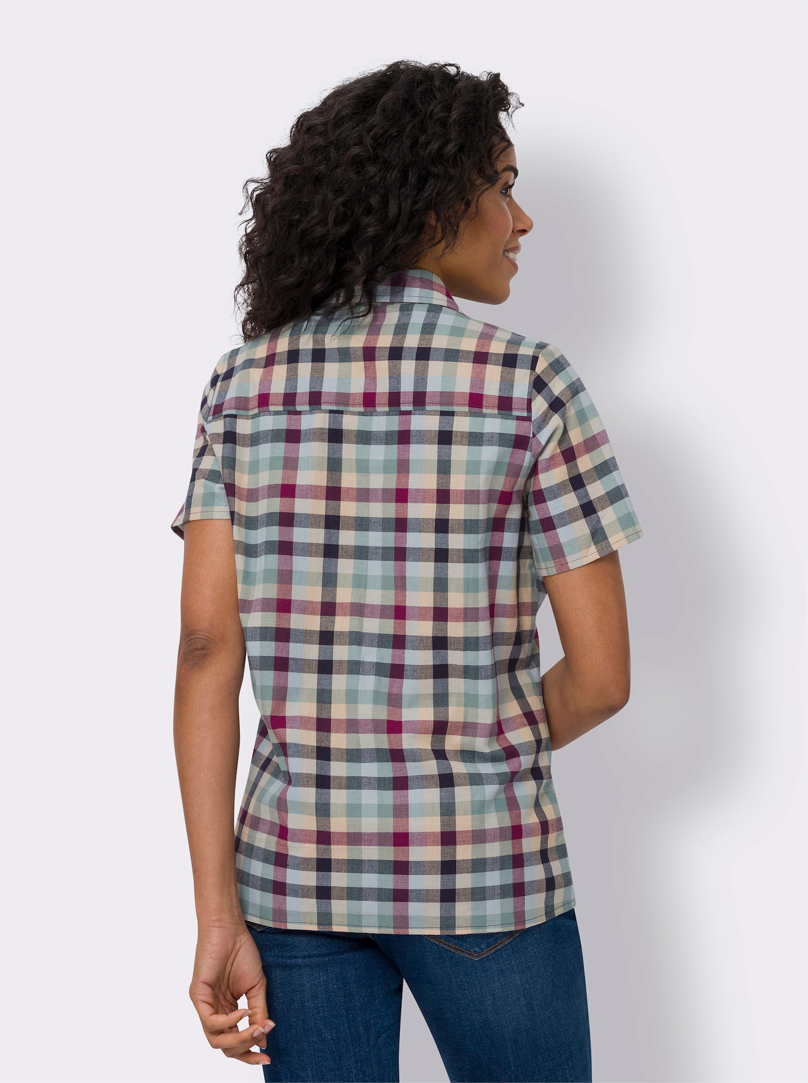 Kostkovaná halenka z bavlněného materiálu - meruňková-námořnická modrá-kostka