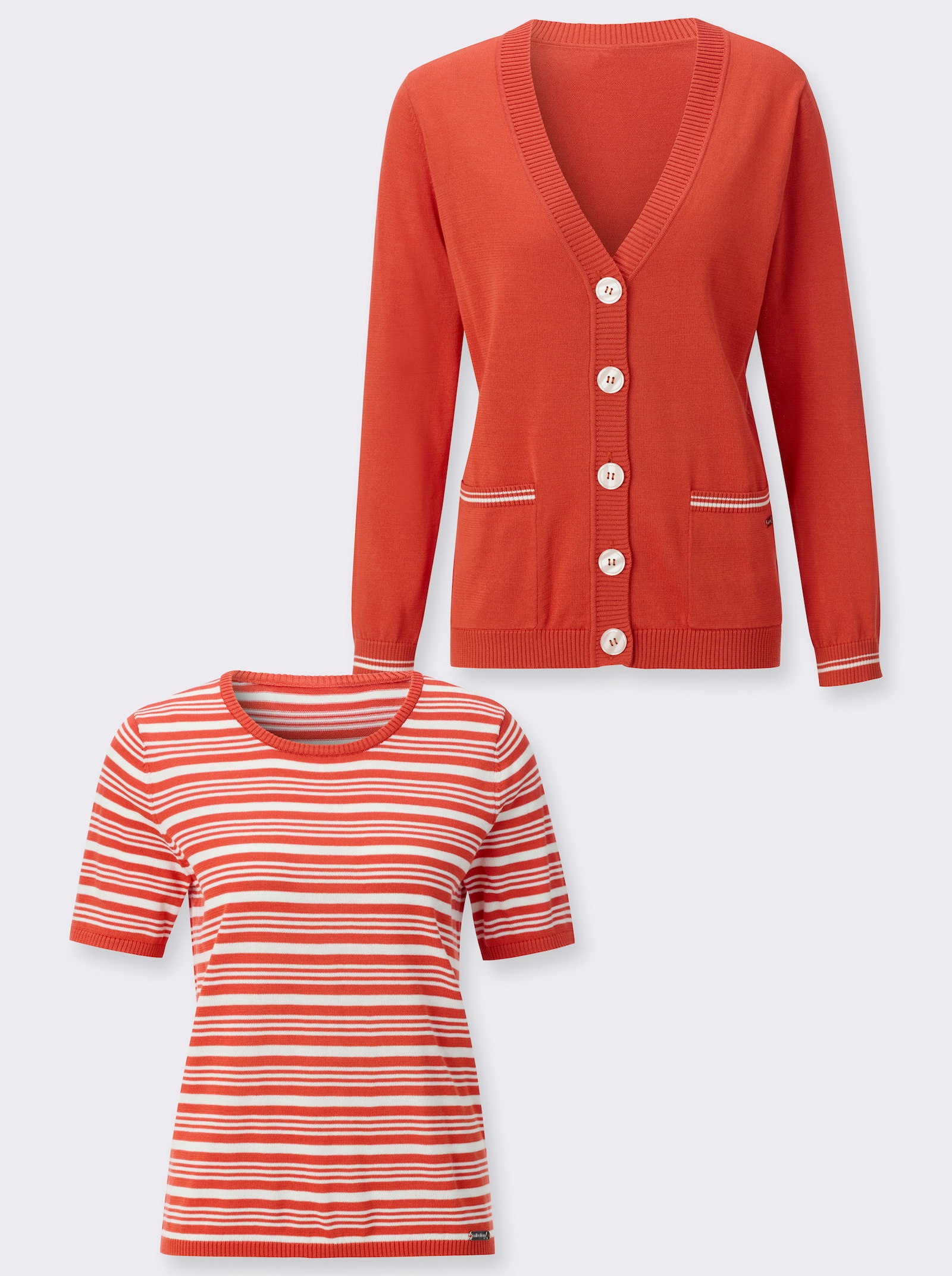 Twin-Set mit Schmuckknöpfen - terra-ecru-geringelt