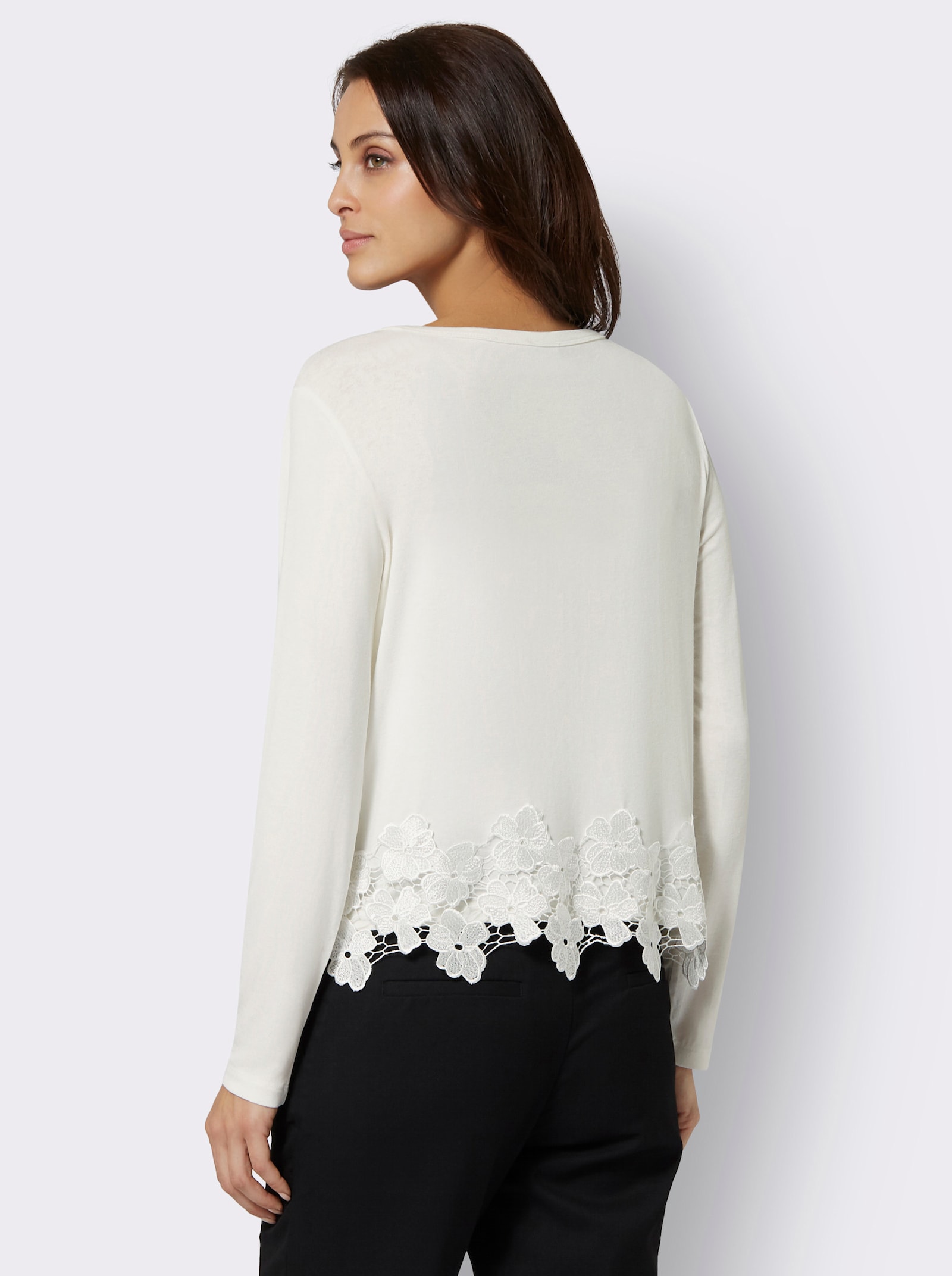 Shirtjacke mit Blütenspitze am Saum - ecru